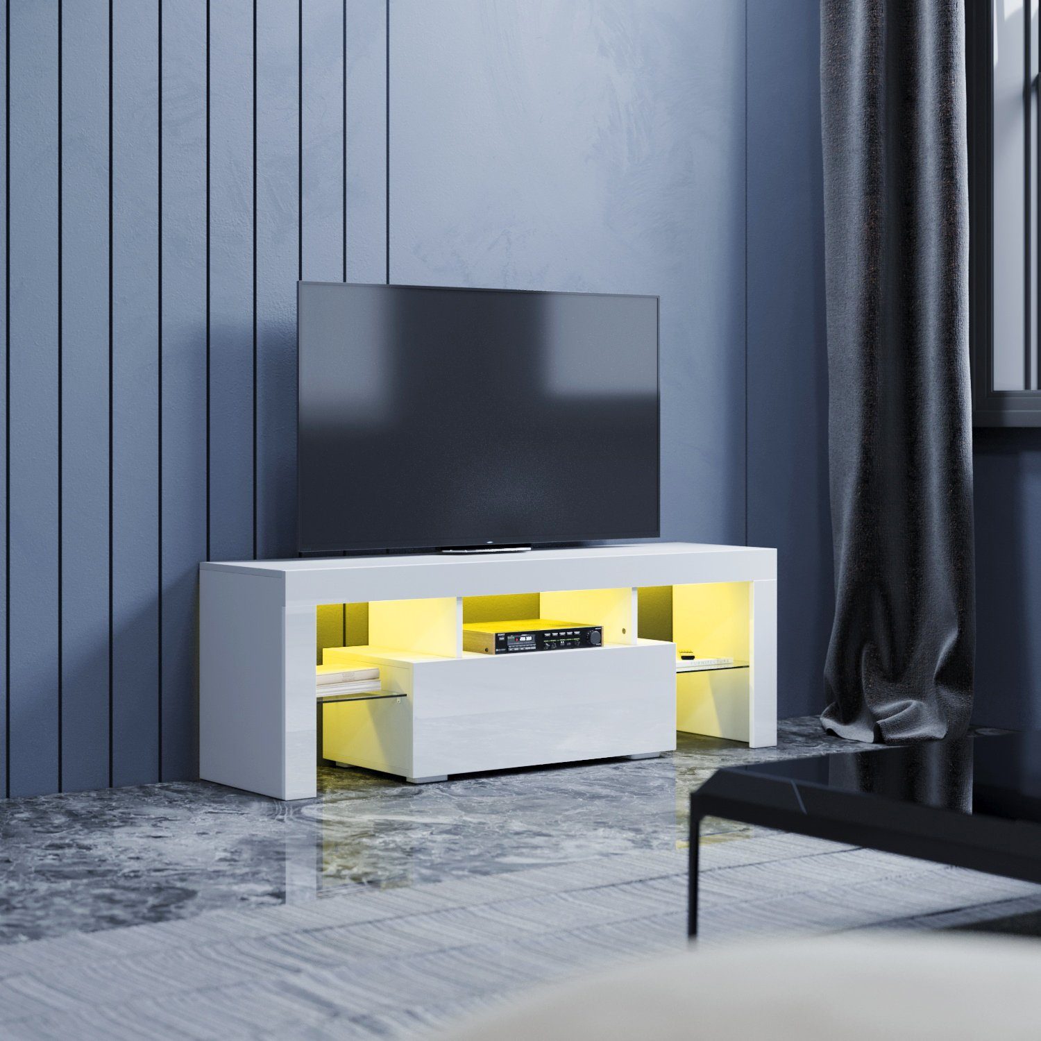 SONNI TV-Board TV Lowboard Breite 130 cm Schrank Weiß Hochglanz mit LED-Beleuchtung – Bild 2 von 5