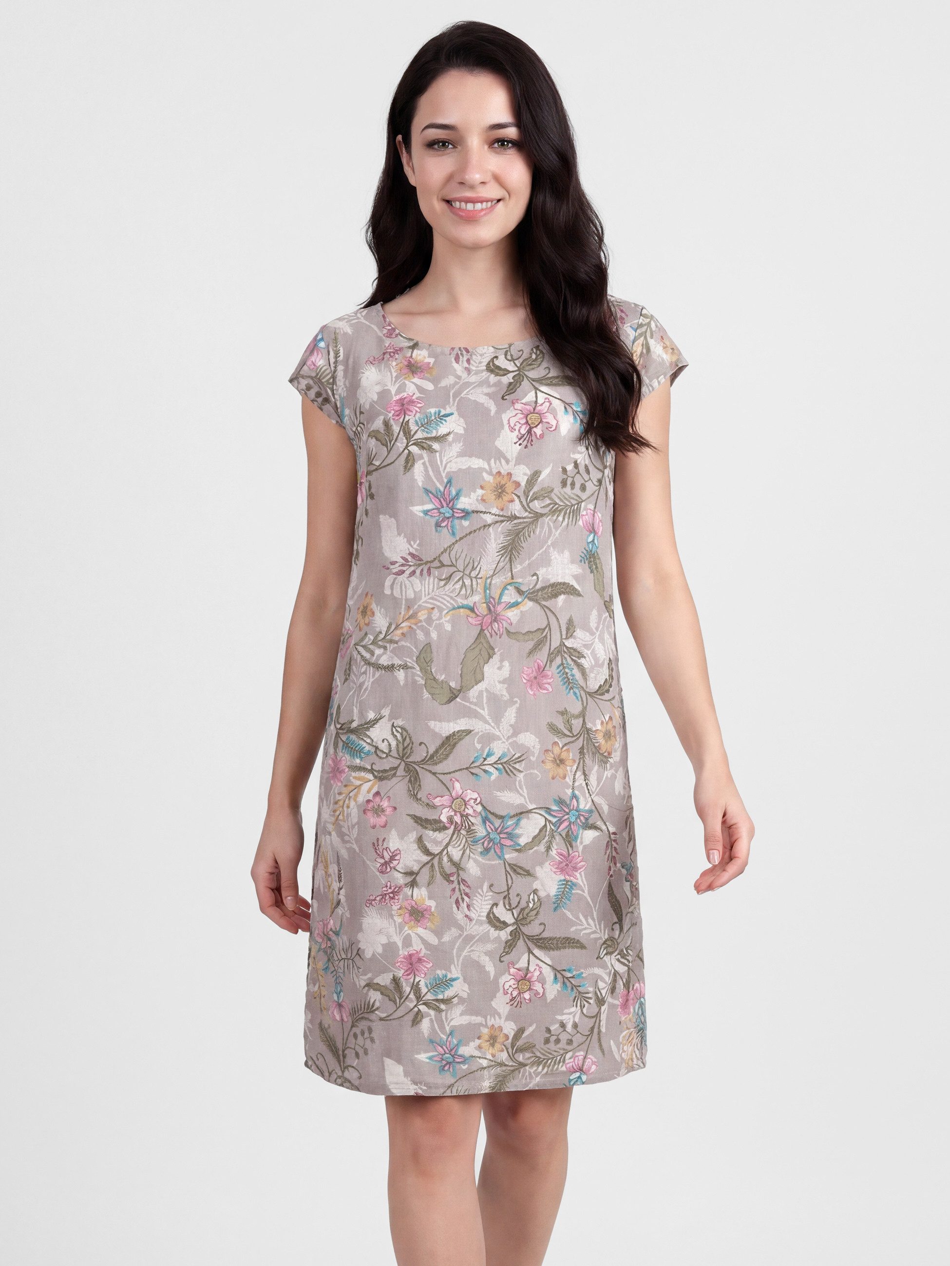 PEKIVESSA Sommerkleid Leinenkleid knielang kurzarm Leinenstoff mit Blumenmuster