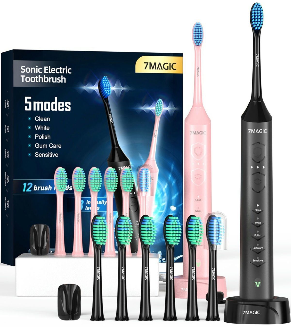 7MAGIC Schallzahnbürste D36 Elektrische Zahnbürste 40000VPM mit Schalltechnologie 5 Modi, Aufsteckbürsten: 12 St., Schallzahnbürste für Zahnpflege, Doppelpack, 5 Zahnputz-Modi, Putzdauer-Erinnerung, Wasserdicht