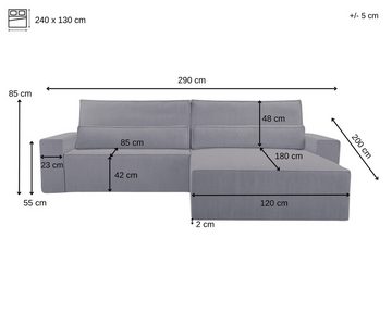 MOEBLO Ecksofa aus Cord DENVER L, Ottomane beidseitig montierbar Couch Cord für Wohnzimmer Schlafsofa Sofagarnitur Sofa Eckcouch L-Form Cordstoff - 290x85x200cm, mit Schlaffunktion und Bettkasten