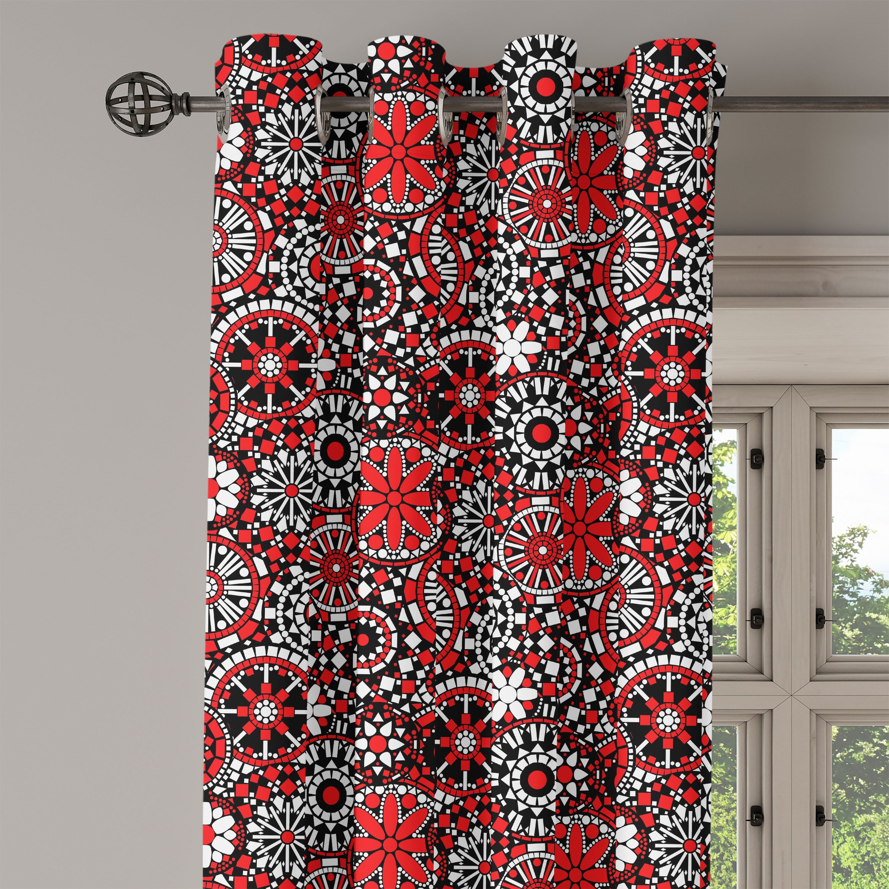 Dekorative 2-Panel-Fenstervorhänge für Gardine Blumen-Mosaik Wohnzimmer, Abakuhaus, Mandala Schlafzimmer Red