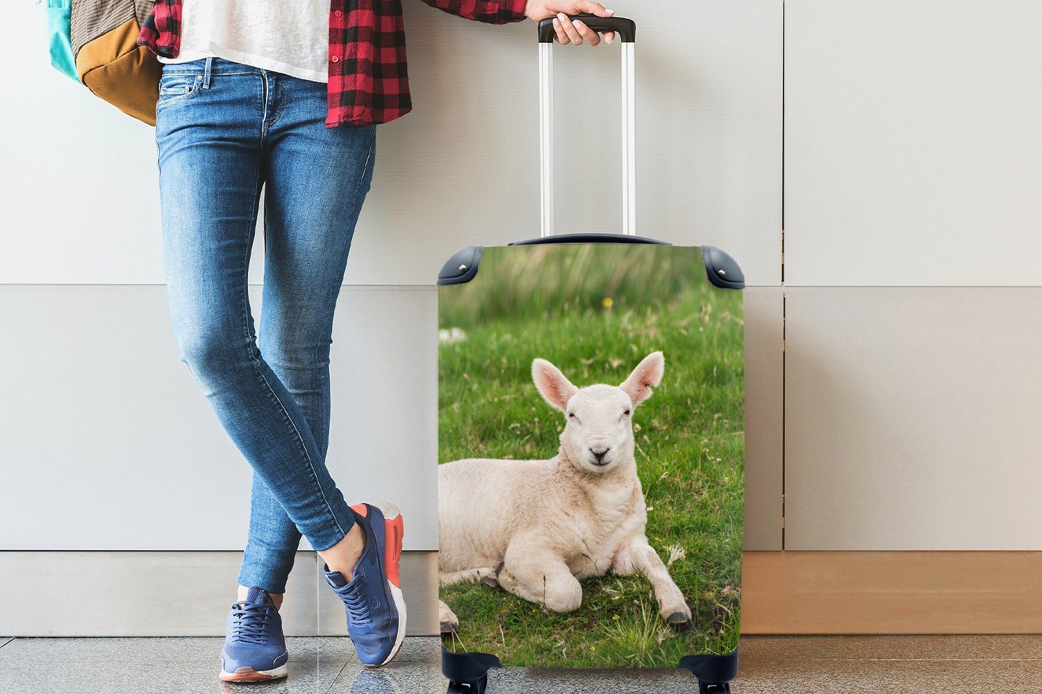 MuchoWow Handgepäckkoffer Handgepäck Tiere Reisekoffer Trolley, Rollen, - Ferien, 4 Schafe für Reisetasche - Lamm, rollen, mit