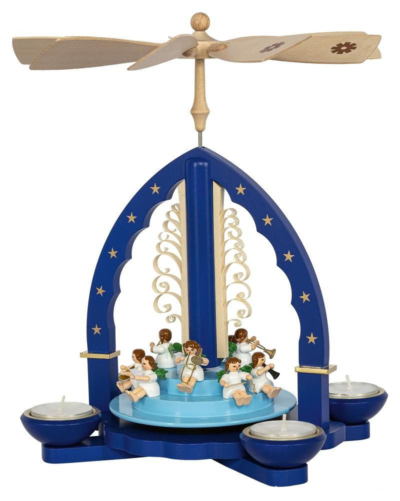 Weihnachtspyramide Engel musizierend blau für Teelichter und Kerzen, Höhe 27cm