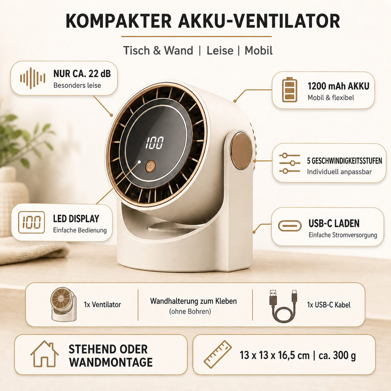 Bestlivings Tischventilator mobil mit 1200 mAh AKKU, Tisch- und Wandventilator, 5 Stufen, LED Display, 22 dB leise, USB-C