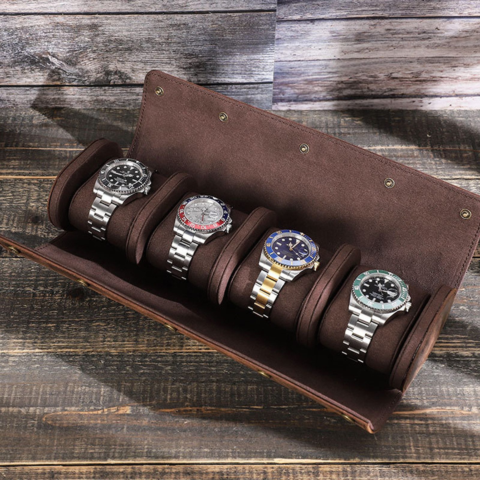 Uhrenetui Uhren Rollbox Runde 4 Uhren Abnehmbar Reiseaufbewahrungskoffer Kaffee