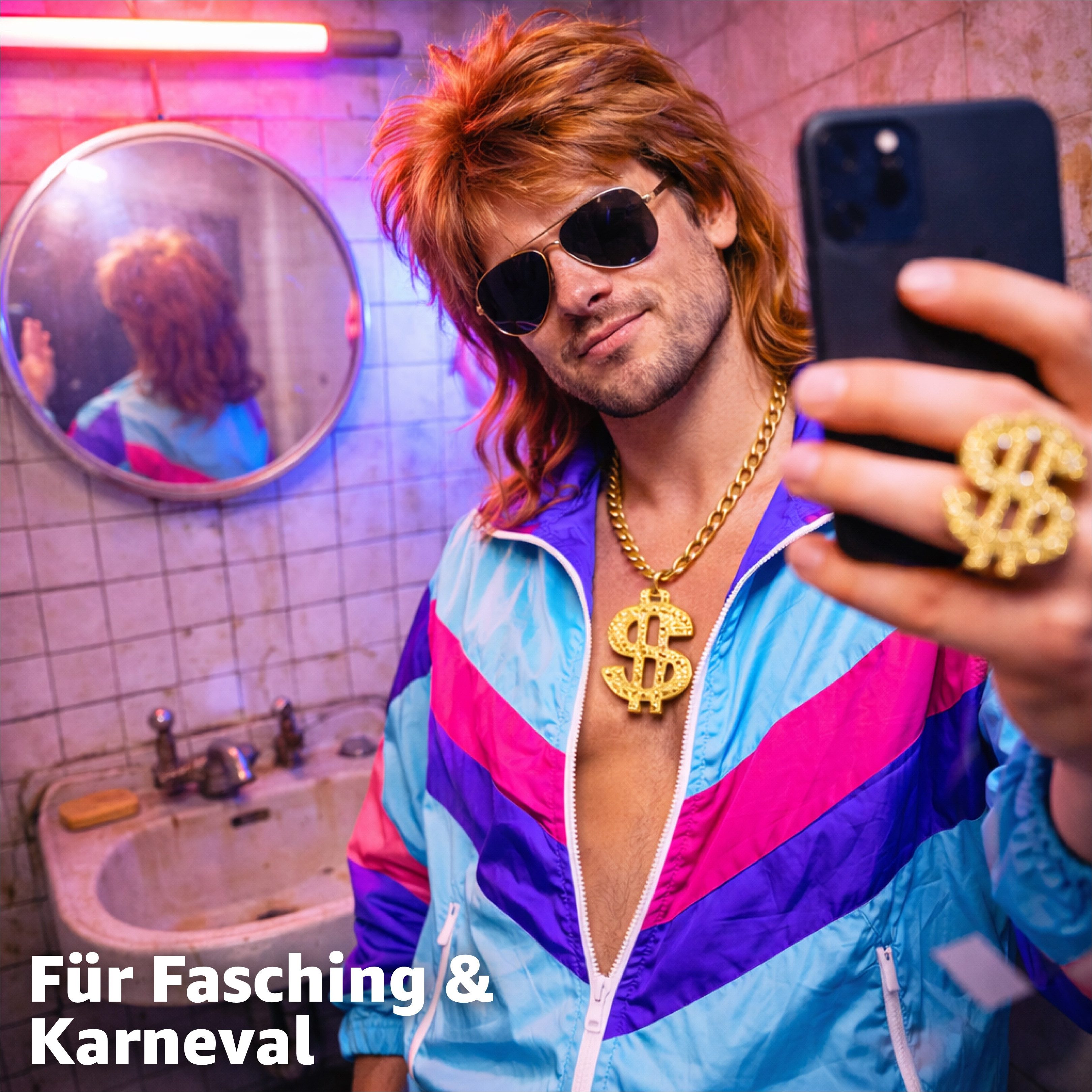 FASCHINFEVER Kostüm 4 in 1 Vokuhila Kostüm Set – 80er 90er für Fasching & Karneval