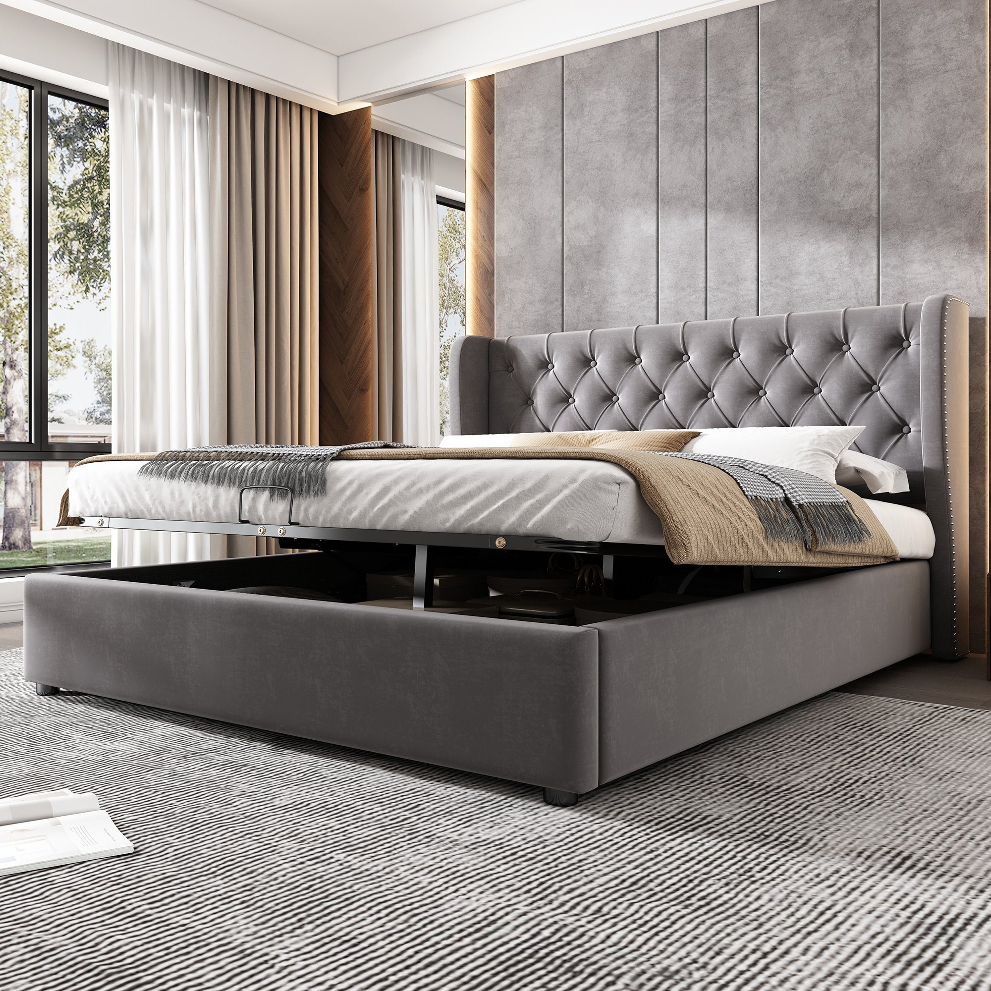 Flieks Polsterbett, Doppelbett Kiefernholz mit Stauraum Flanell 140*200cm günstig online kaufen