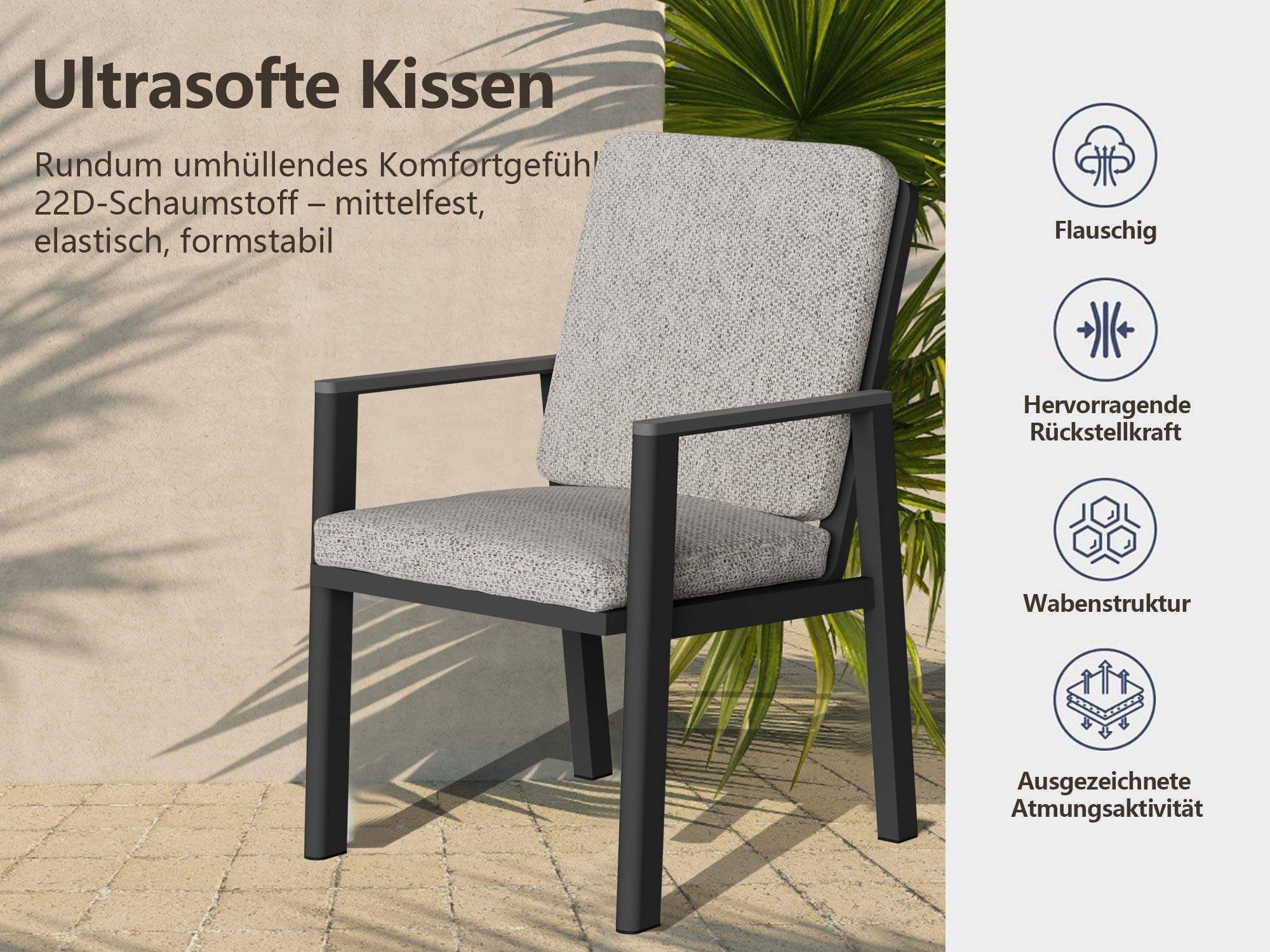 MeXo Gartenstuhl Aluminium Gartenmöbel Esstischstuhl mit Kissen (ergonomischen Sesseln, 2 St), Belastbarkeit pro Sitzplatz 140 kg