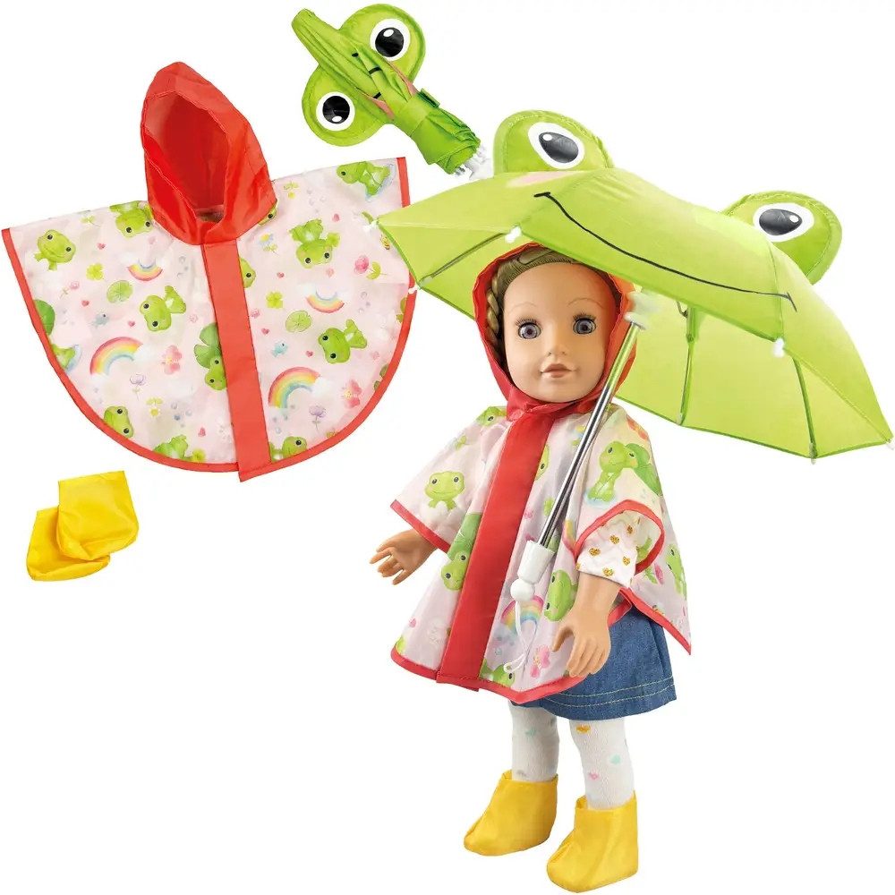 Heless Puppenkleidung Puppen-Regen-Set ''Froschi Carlo'' mit Regenschirm, Regencape und Stie