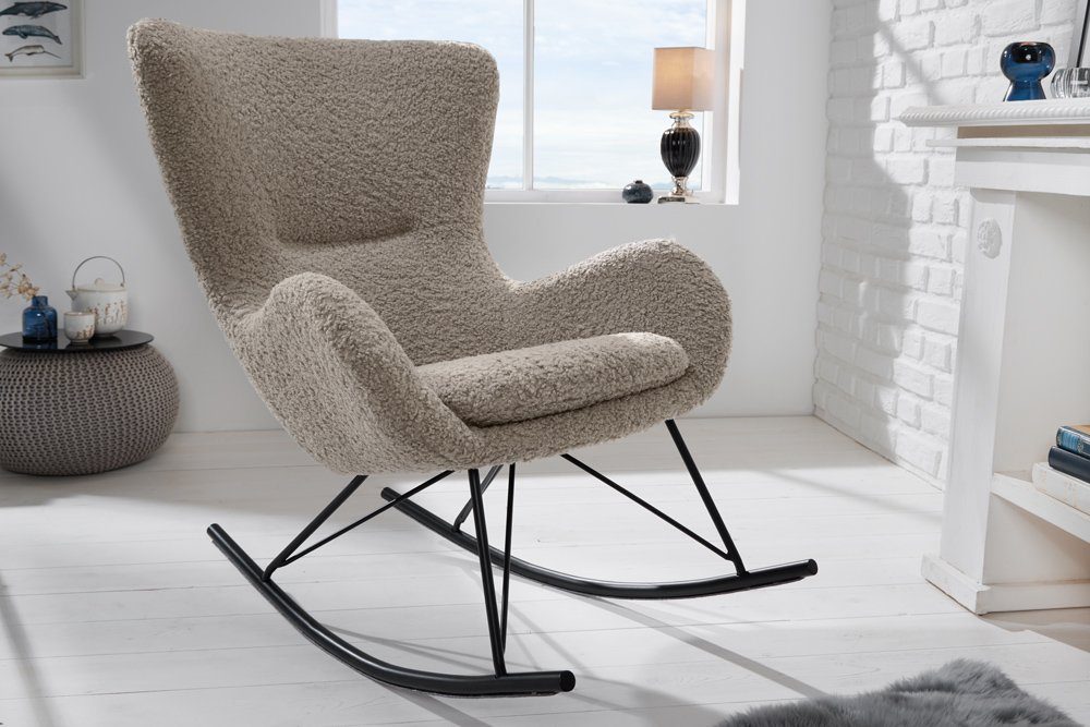 riess-ambiente Schaukelstuhl SCANDINAVIA SWING champagner greige / schwarz (Einzelartikel, 1 St), Wohnzimmer · Bouclé · Metall · mit Armlehne · wippbar · Modern Design