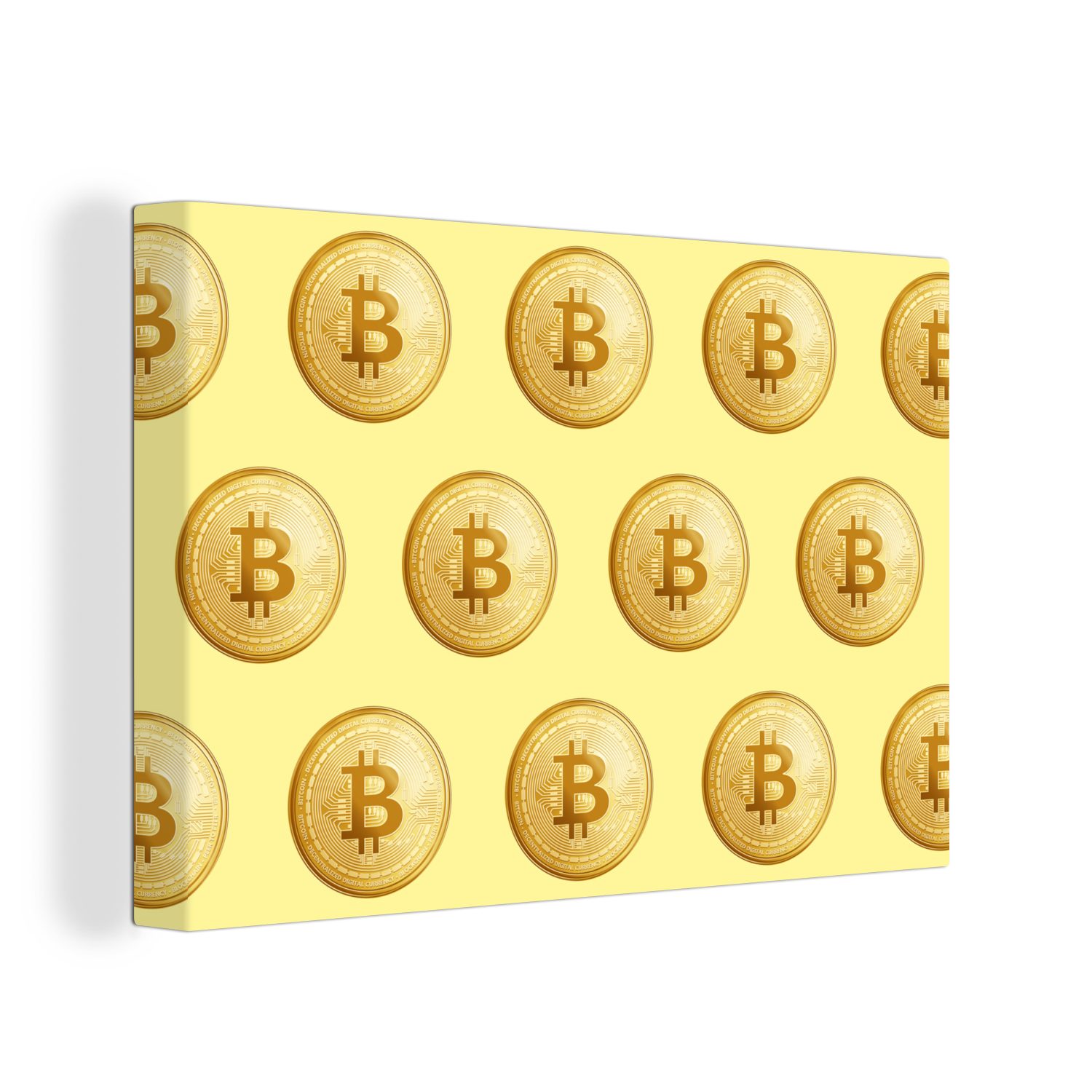 OneMillionCanvasses® Leinwandbild Bitcoin - Gold - Muster - Gelb, (1 St), Wandbild Leinwandbilder, Aufhängefertig, Wanddeko, 30x20 cm