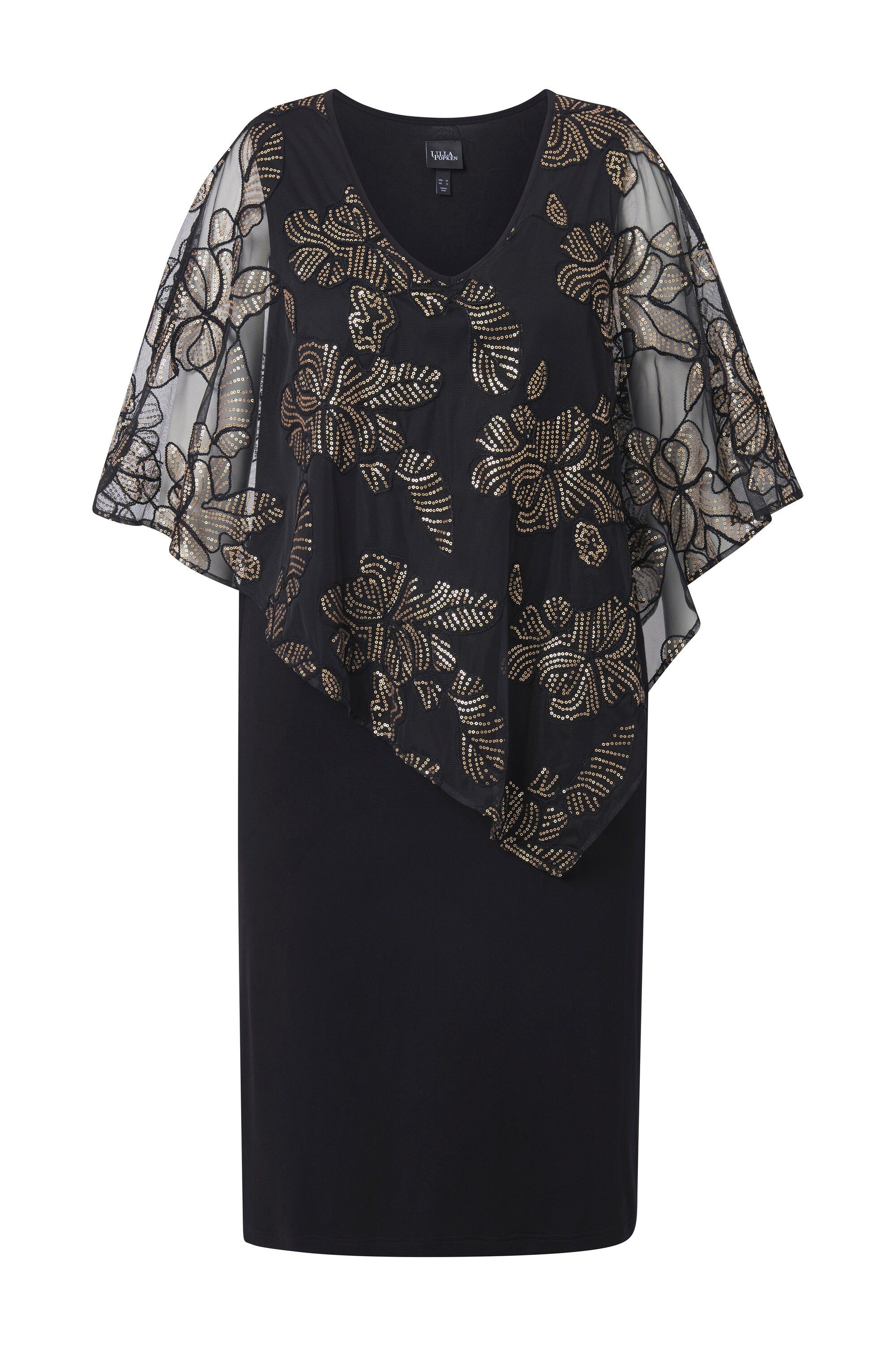 Ulla Popken Abendkleid Kleid doppellagig Pailletten V-Ausschnitt 3/4-Arm günstig online kaufen