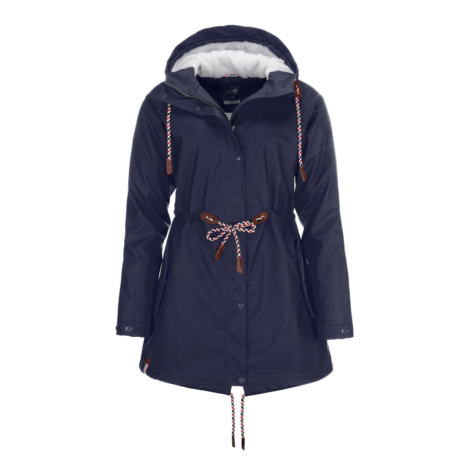 modAS Regenjacke Damen Regenmantel aus PU - Wasserdichte Jacke mit Teddy-Fleece-Futter marine