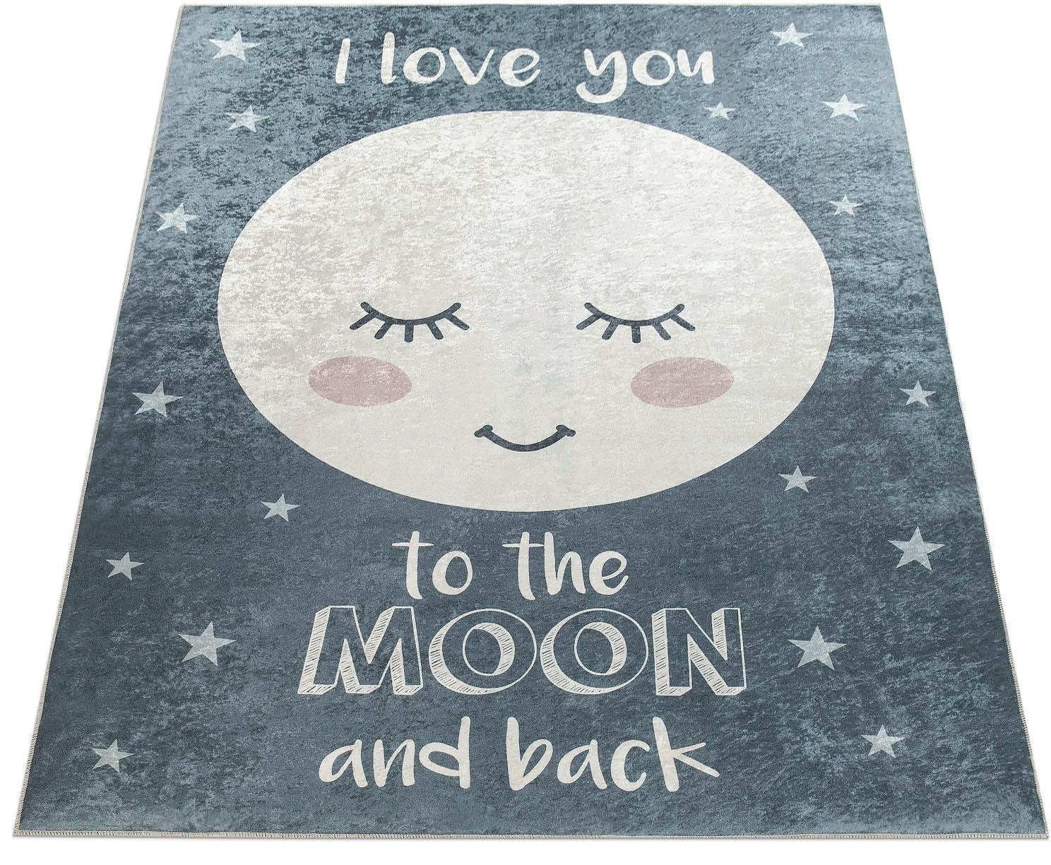 Paco Home Kinderteppich Aleyna 103, rechteckig, Höhe: 6 mm, Kinder Design, niedliches Mond Motiv mit Schriftzug, Kinderzimmer