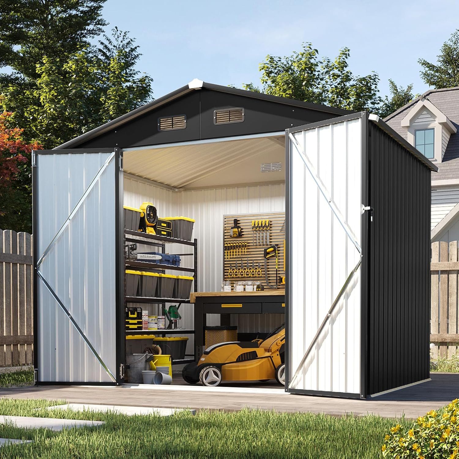 AOXUN Gartenhaus Gerätehaus aus Metall, 236 × 172 × 196 cm, BxT: 236x172 cm, wetterfeste und abschließbare Fahrrad- & Gerätegarage