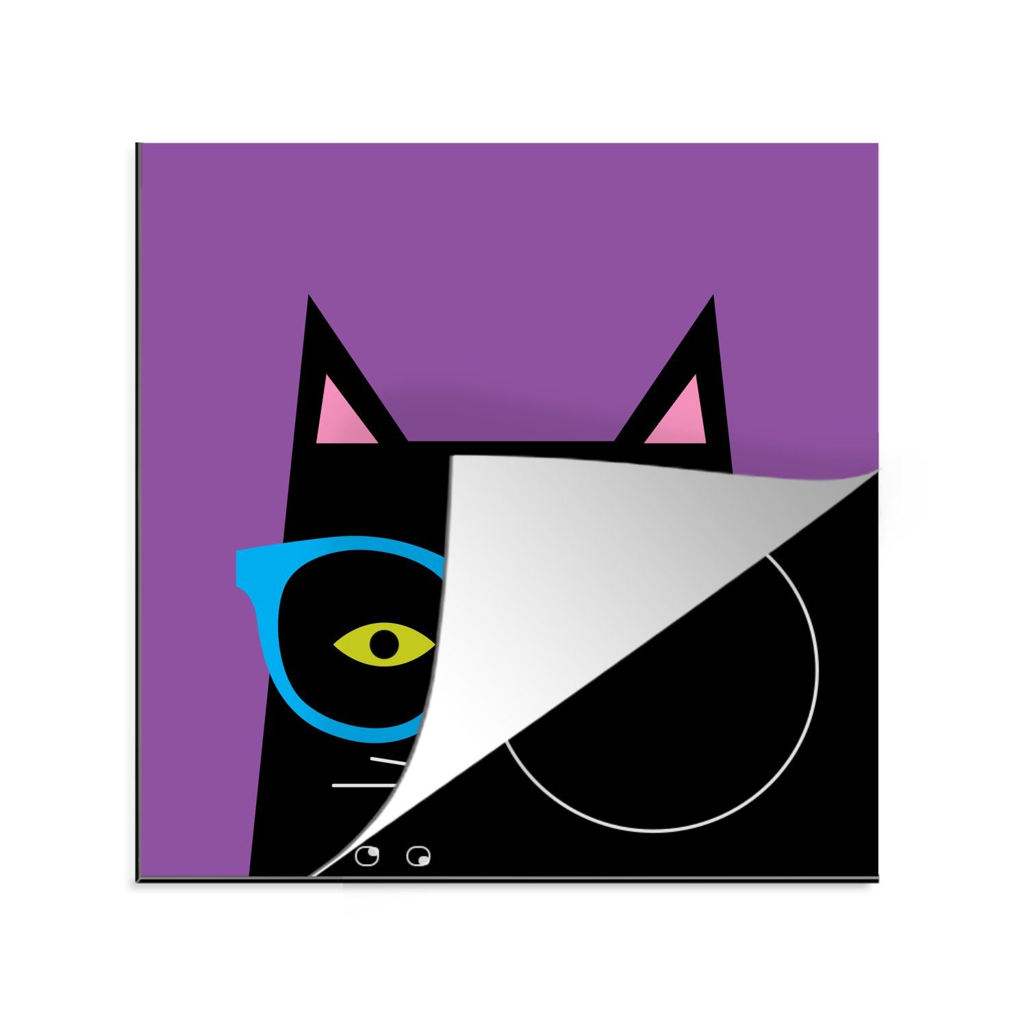 MuchoWow Herdblende-/Abdeckplatte Katze - Brille - Schwarz, Vinyl, (1 tlg), 78x78 cm, Ceranfeldabdeckung, Arbeitsplatte für küche | Herdabdeckplatten