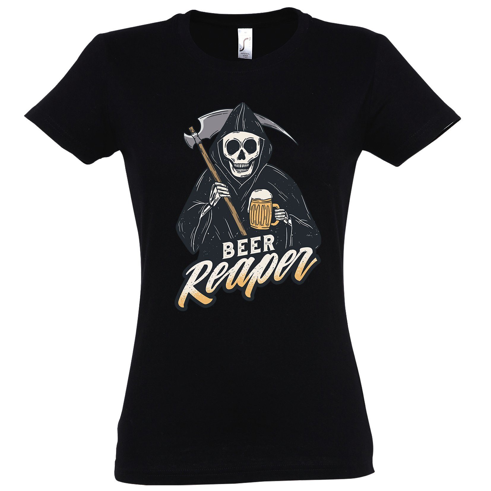 Shirt Frontprint mit Schwarz lustigem Bier Reaper T-Shirt Youth Damen Designz