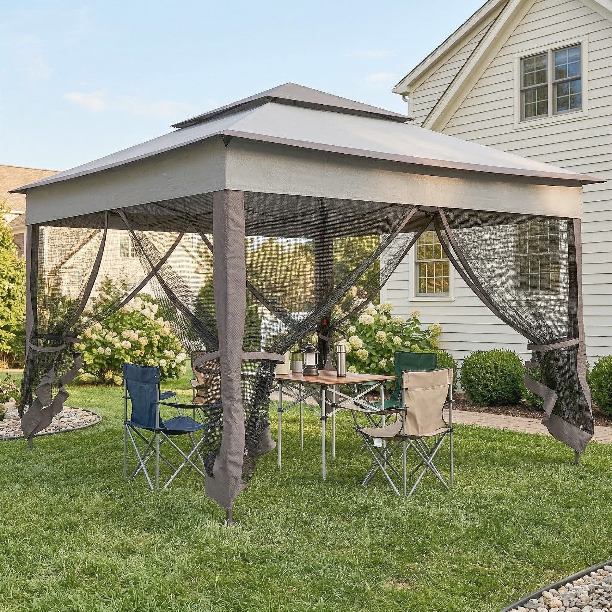 Outsunny Faltpavillon Gartenzelt mit Seitenwänden Pop-up-Zelt mit Transporttasche, mit 4 Seitenteilen, (Gartenpavillon, Pavillon), Hellgrau 3,25 x 3,25 x 2,7 m