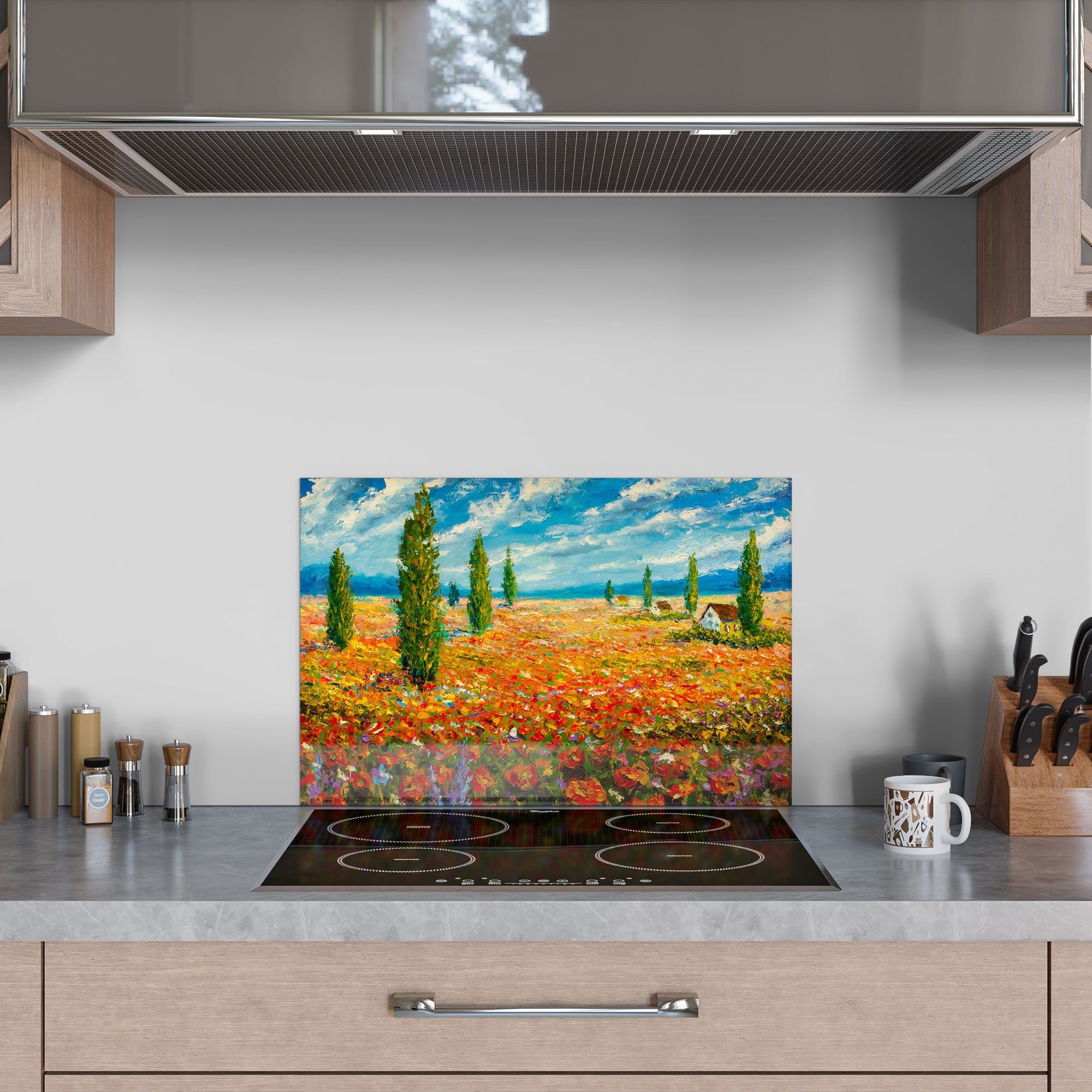 Herdblende im Glas Monet-Stil', Badrückwand DEQORI Küchenrückwand Spritzschutz 'Blumenmeer