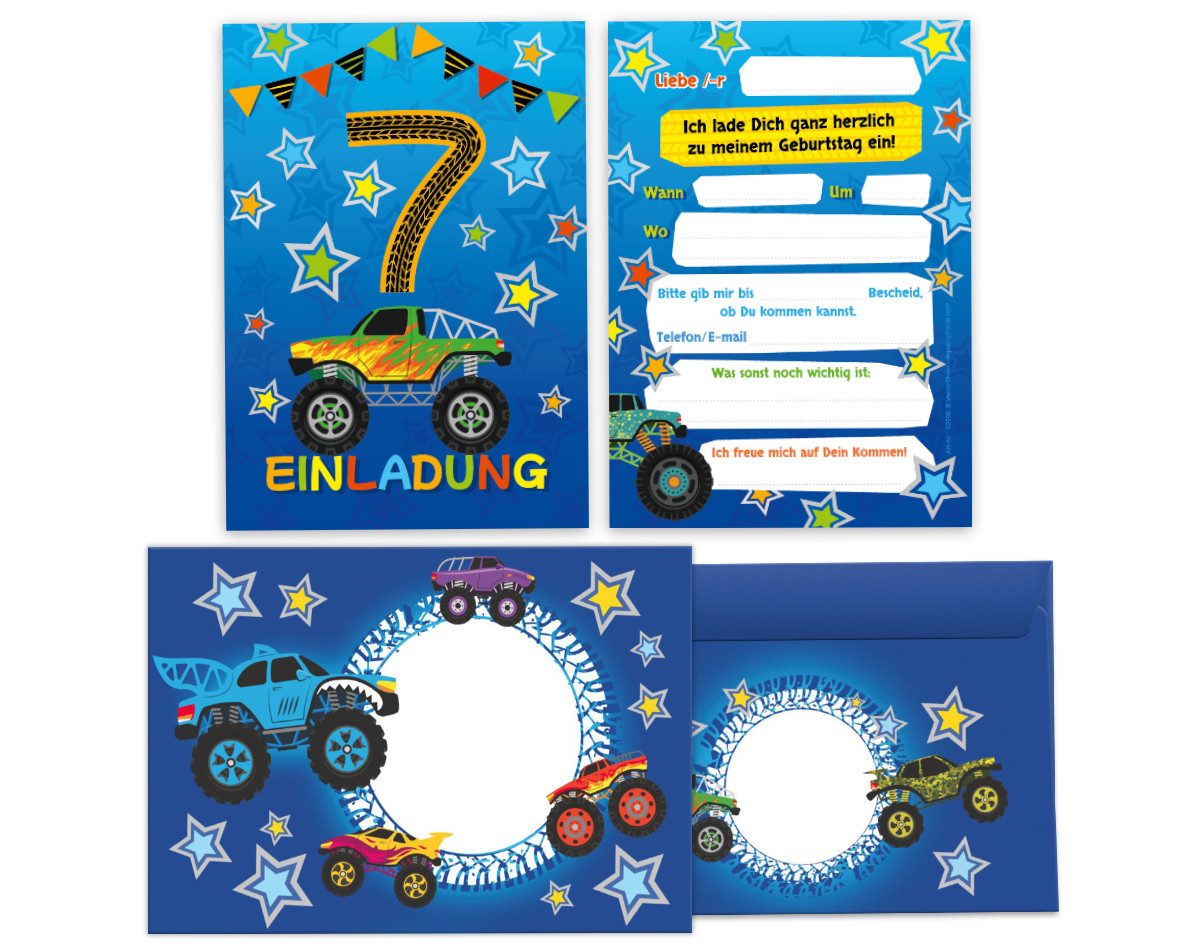 JUNAPACK Einladungskarten Monster Truck zum 7. Kindergeburtstag Jungen Einladung Auto Umschläge, Einladungskarten mit Umschlägen zum siebten Kindergeburtstag Truck