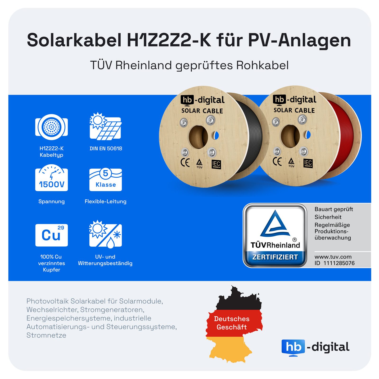 HB-DIGITAL Solarkabel 6mm2 Solarleitung H1Z2Z2-K Photovoltaik PV Kabel Solarkabel, Solarstecker, (500 cm), TÜV Rheinland zertifizierte PV Kabel
