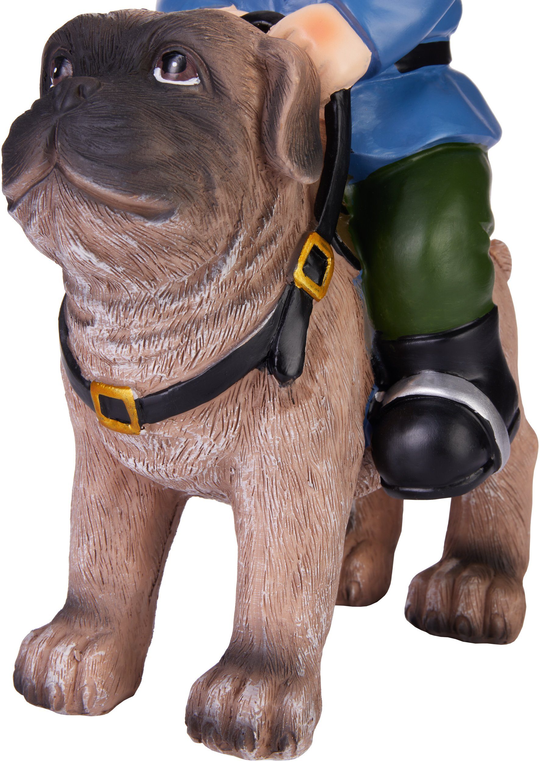 auf BRUBAKER St), Hundebesitzer Zwerg Hund mit (1 Gartenzwerg mit reitet Mops Wetterfest Gartenfigur Sattel Lustig, Dekoration - für
