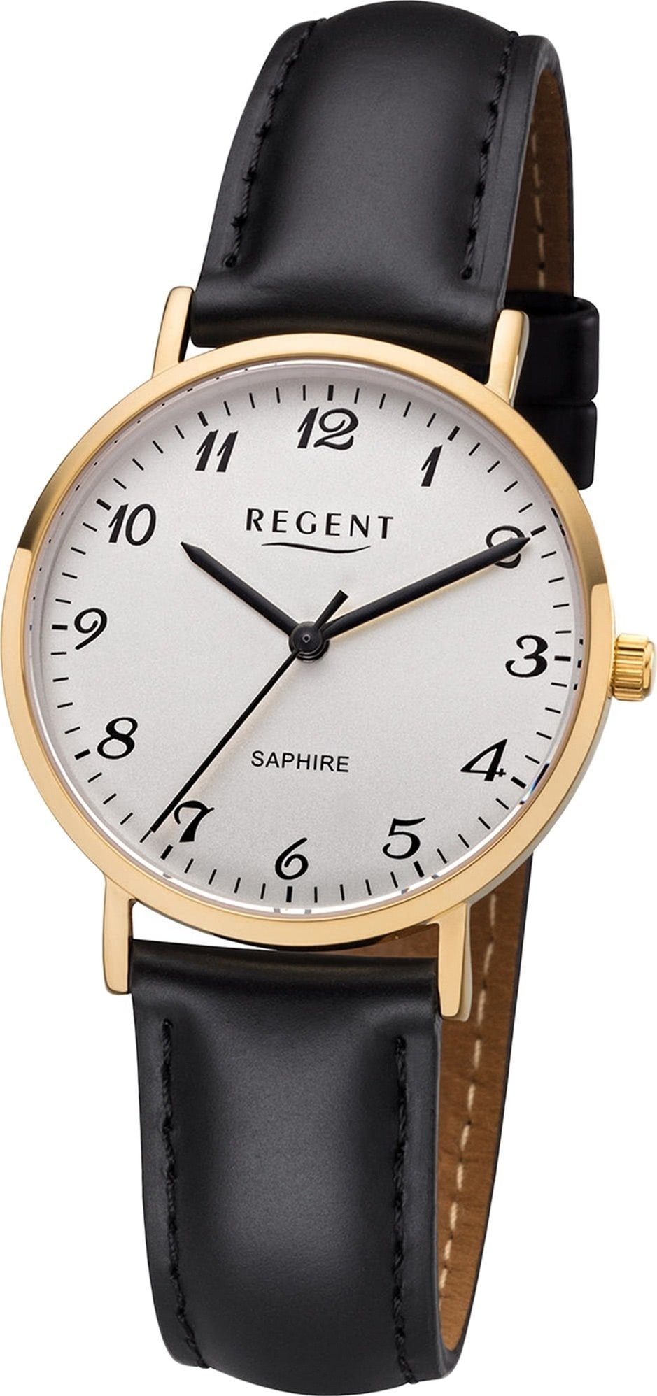 Regent Quarzuhr Regent Leder Damen Uhr F-1218 Analog, Damenuhr Lederarmband schwarz, rundes Gehäuse, mittel (ca. 32mm)