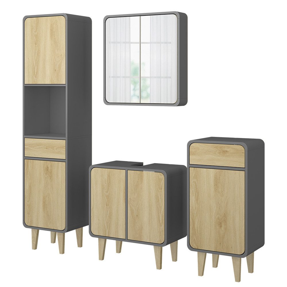 Vicco Badmöbel-Set Arla, Anthrazit/Eiche, 4-teilig, (4-St., 4er Set)