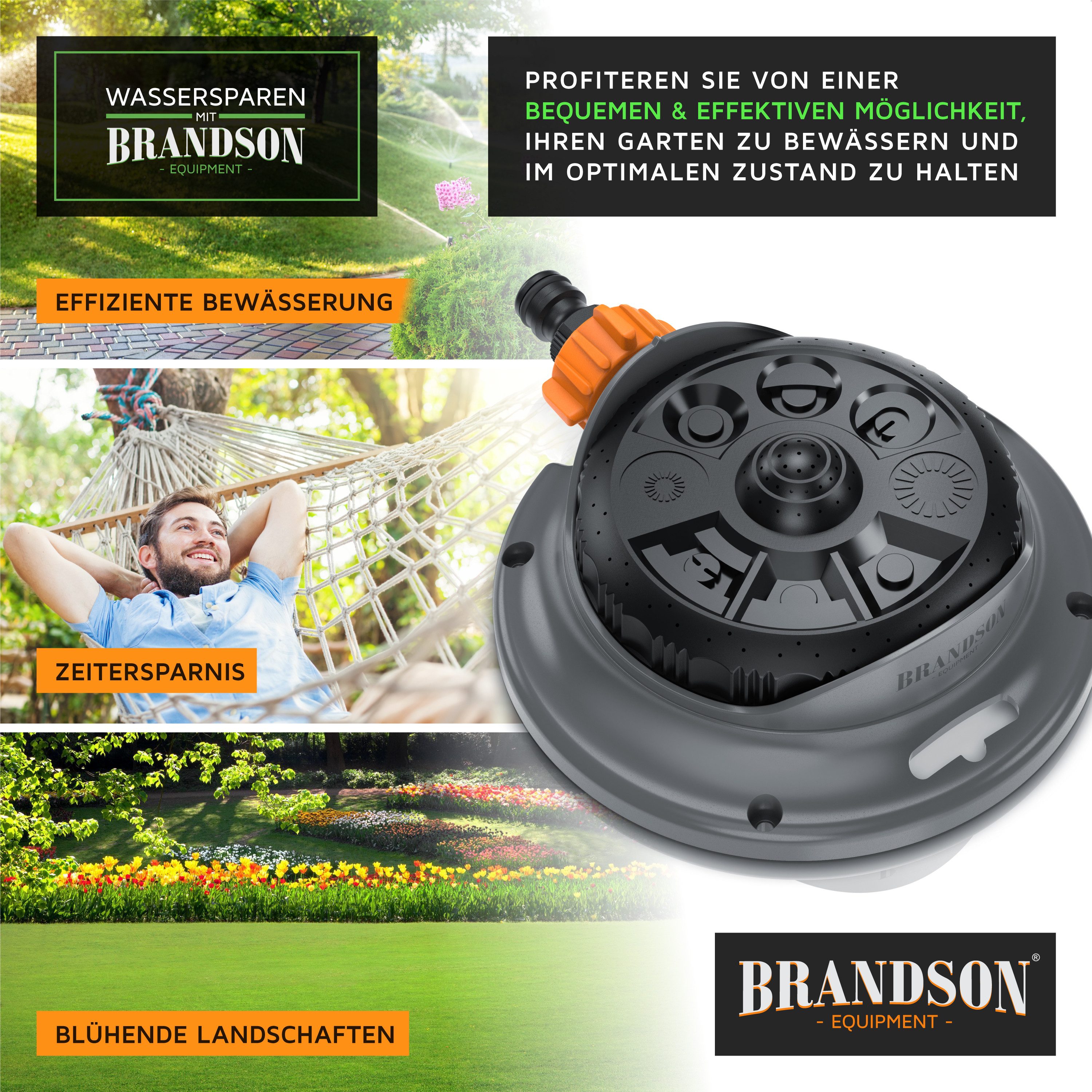 Brandson Vielflächenregner Garten Sprinkler, 360° Rasensprenger, 8 Sprühmodi, 110m² Bewässerung, für Flächen bis 110 m², (1-St), Wasserstrahl stufenlos einstellbar, runder Flächenregner, einstellbar