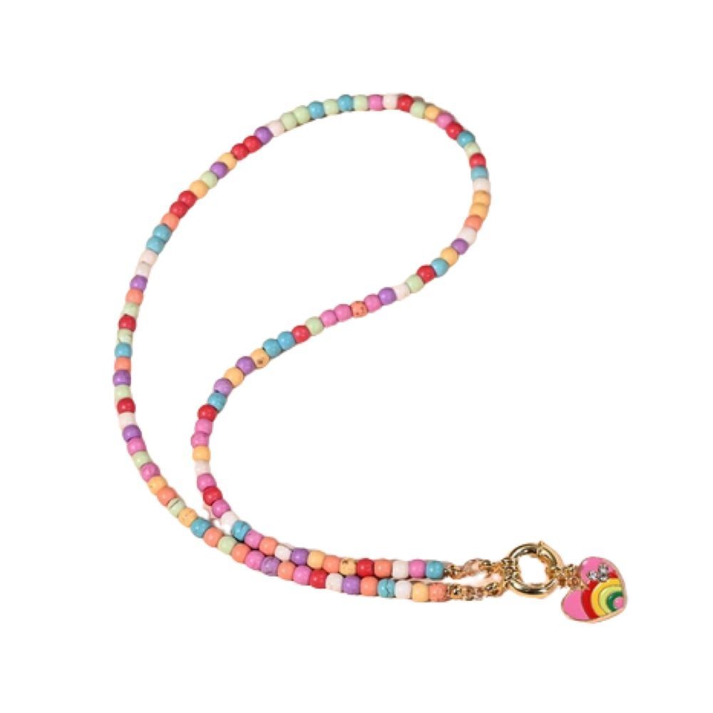 BUNGSA Goldkette Perlenkette Choker pastell/goldfarben + Regenbogen Herz Messing Damen (1-tlg), Halskette Necklace