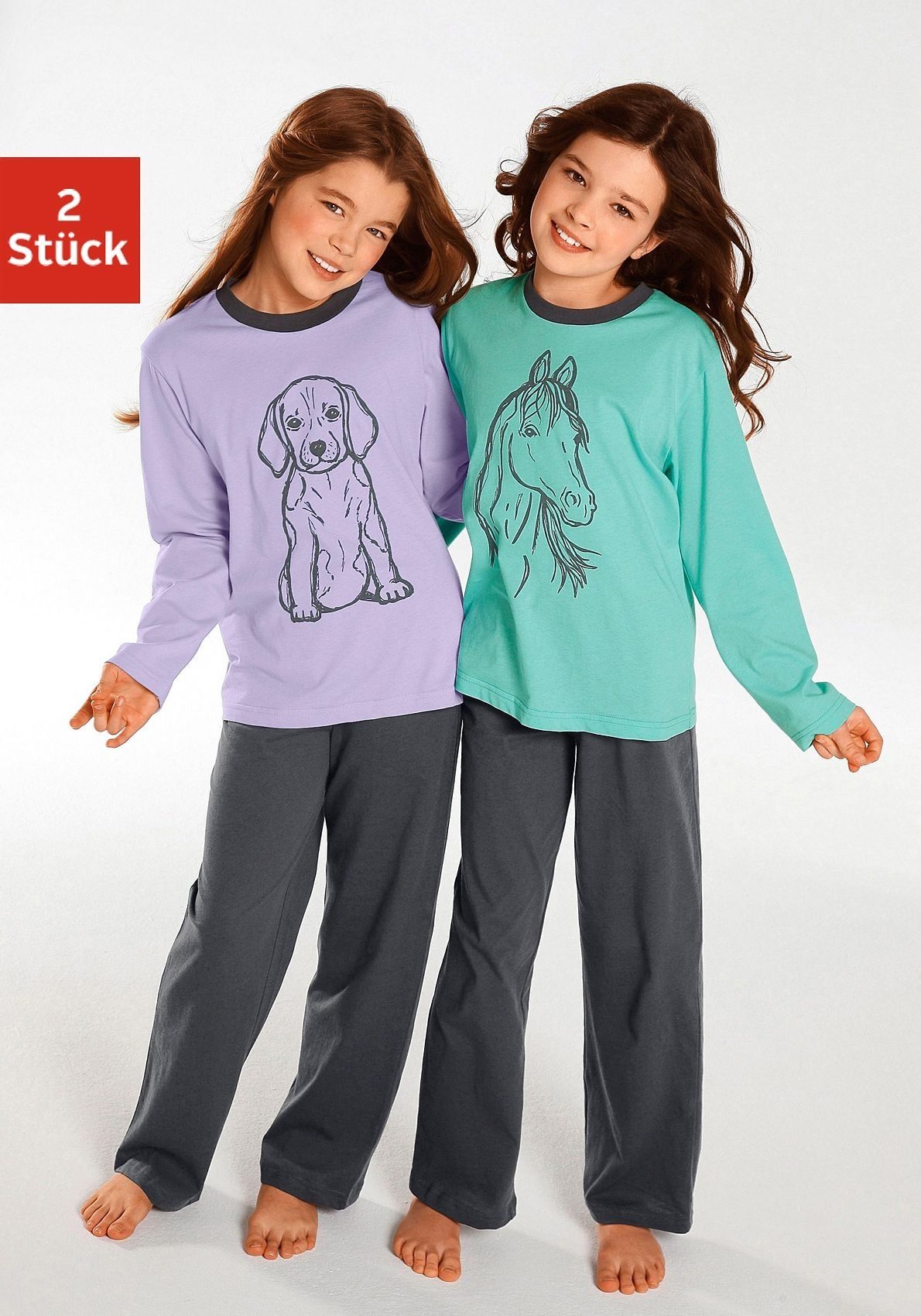 Vivance Pyjama (4 tlg., 2 Sets) langer Schlafanzug mit Hunde- und Pferdedruck, aus Baumwolle