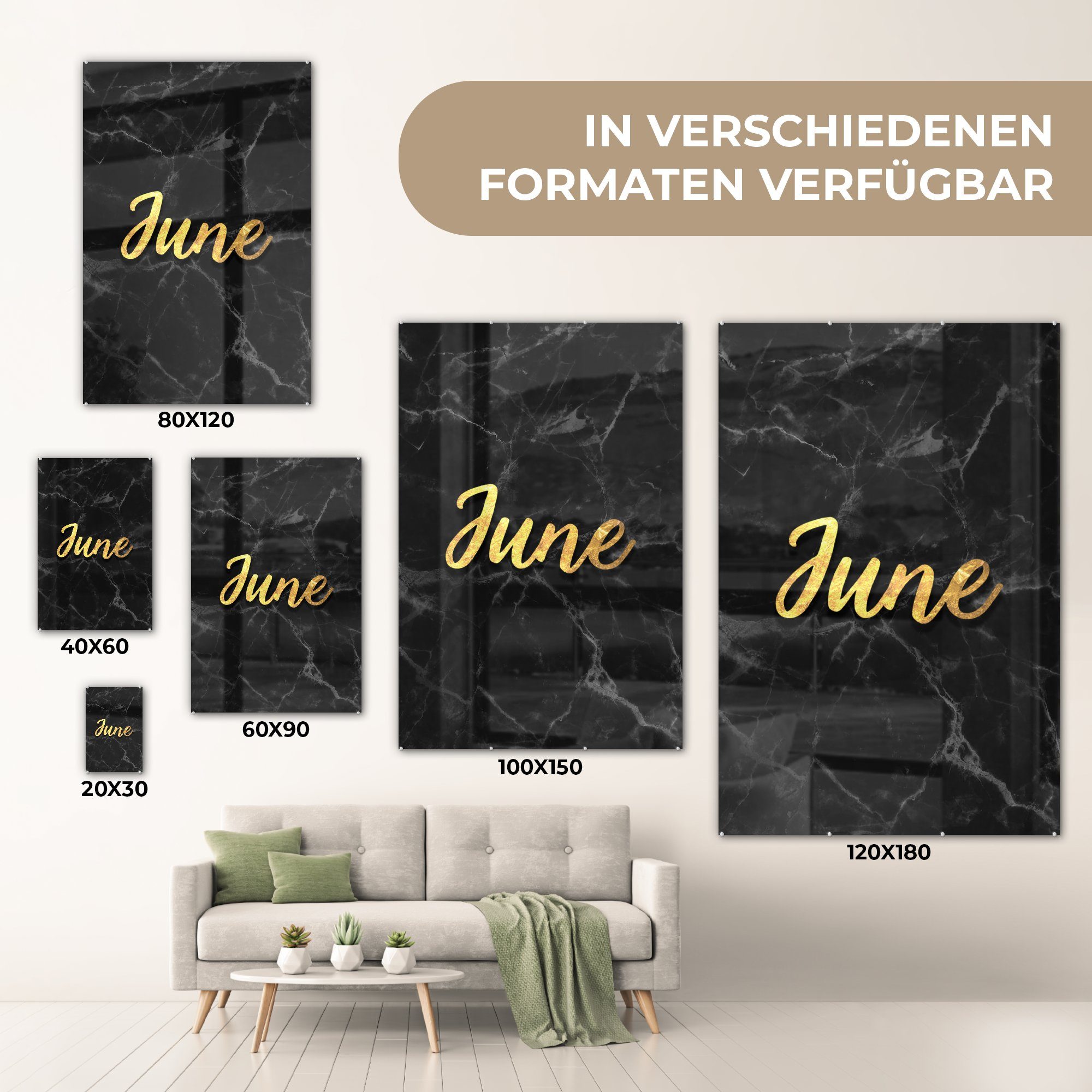 - - - Glas - - Bilder auf MuchoWow Acrylglasbild Wanddekoration St), auf Foto Gold Wandbild Kalender Marmor, (1 Glas Juni Glasbilder -