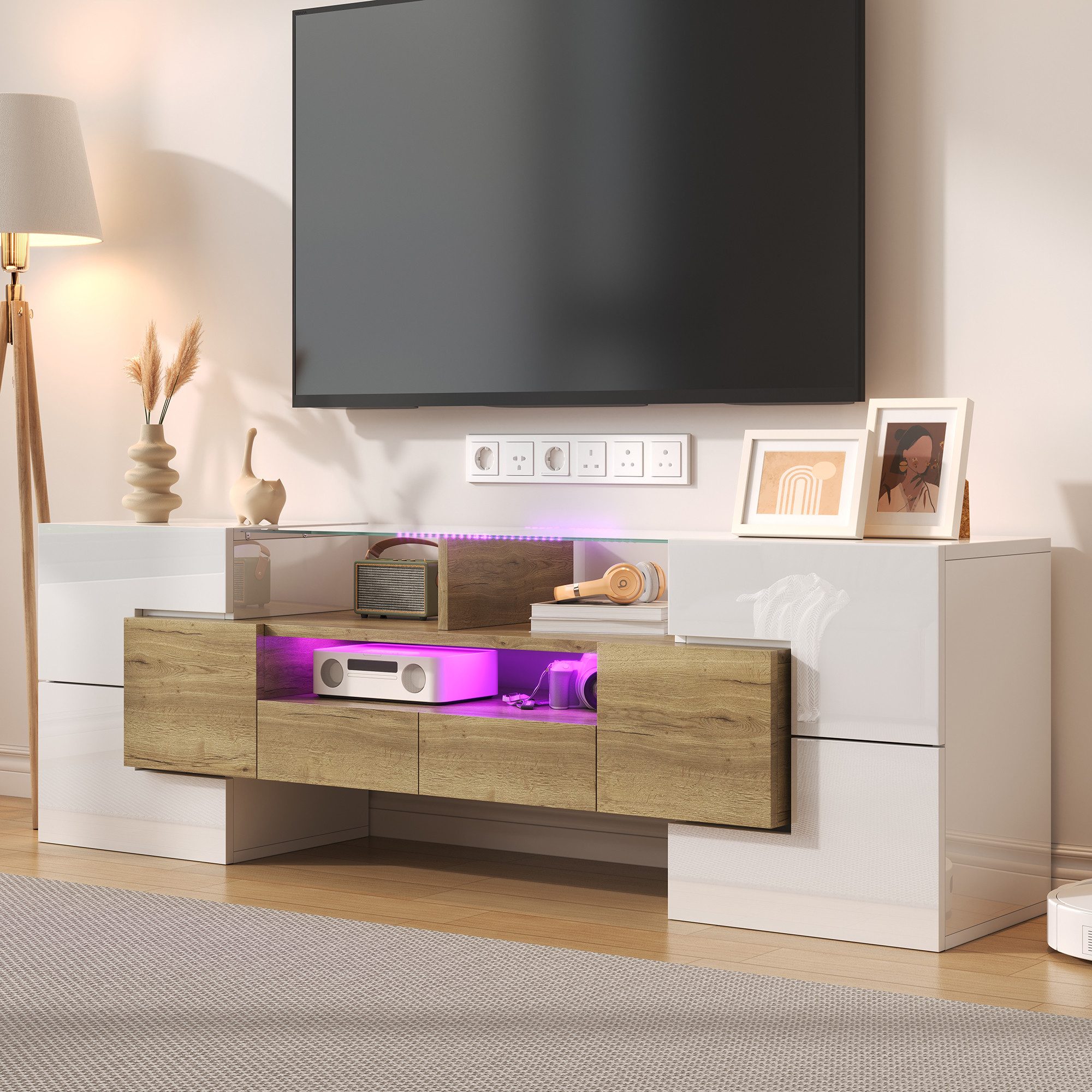 Merax TV-Schrank Hochglanz (1-St) Lowboard mit LED und Stauraum, Fernsehtisch, TV-Ständer, Breit: 145 cm – Bild 3 von 5
