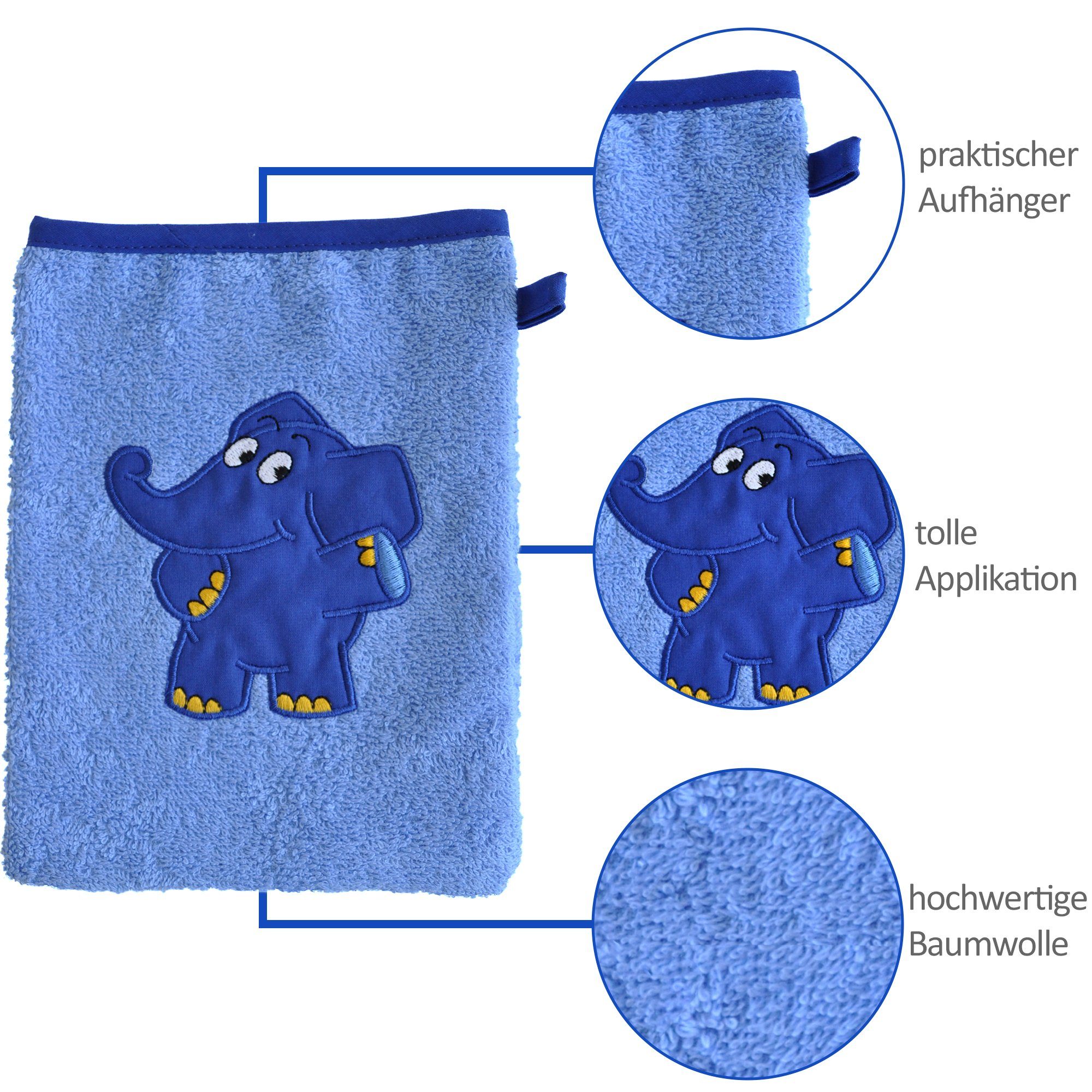Elefanten Waschlappen Waschhandschuh Applikation Baby (1-tlg), dem Smithy blauen mit