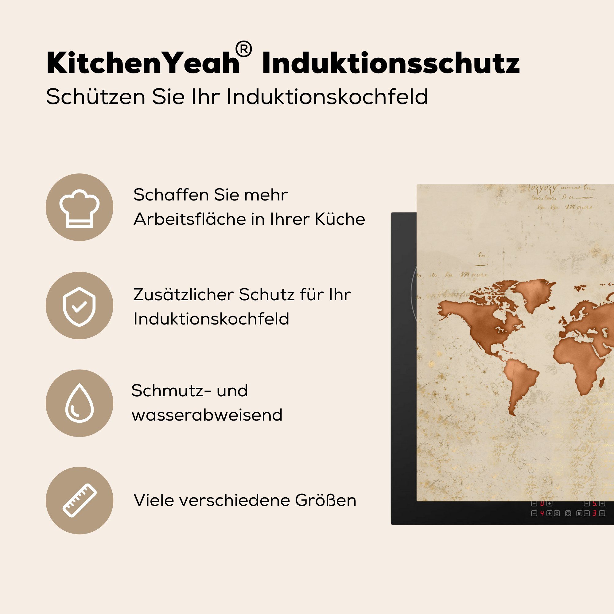 MuchoWow Herdblende-/Abdeckplatte Weltkarte - Arbeitsplatte (1 Orange, für Vintage - 78x78 Vinyl, tlg), cm, küche Ceranfeldabdeckung
