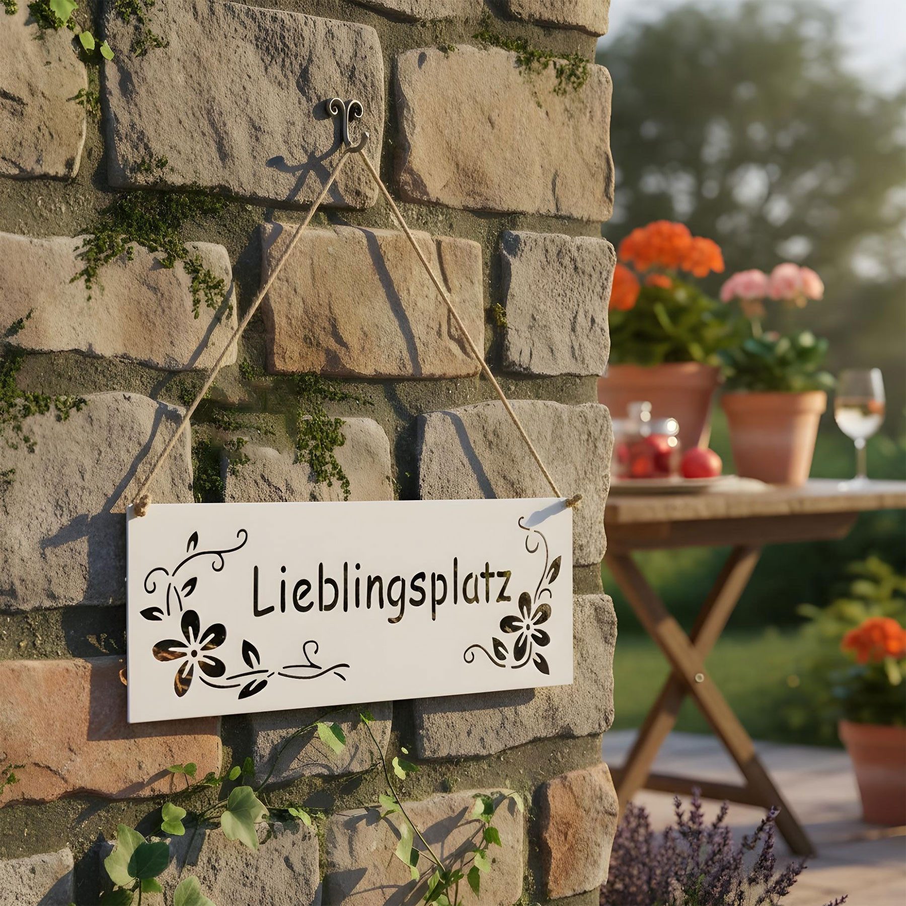 Levandeo® Dekohänger, Schild Lieblingsplatz 25x9cm Außen Garten-Deko Weiß Blumen Metall