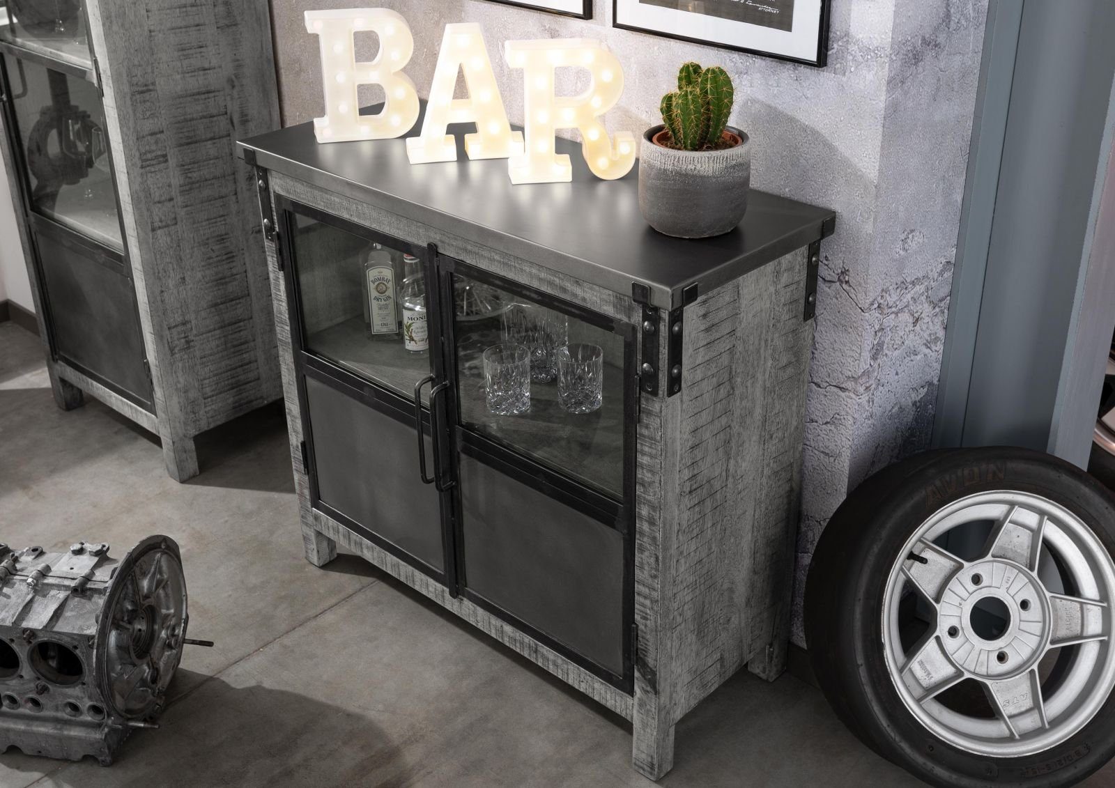 Massivmoebel24 Sideboard HEAVY INDUSTRY (Massivholz), Sideboard Mango 100x40x90 grau lackiert HEAVY INDUSTRY #127