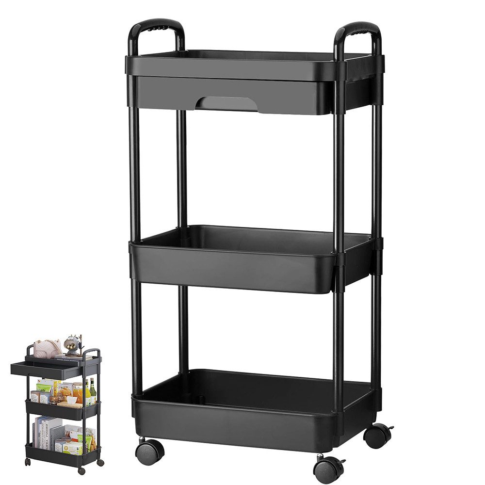 TUWENA Servierwagen 3-stöckiger Rollwagen mit Tischplatte&Schubladen,Küchenwagen mit Griff, Multifunktional Servierwagen Roll Regal für Büro, Wohnzimmer, Küche