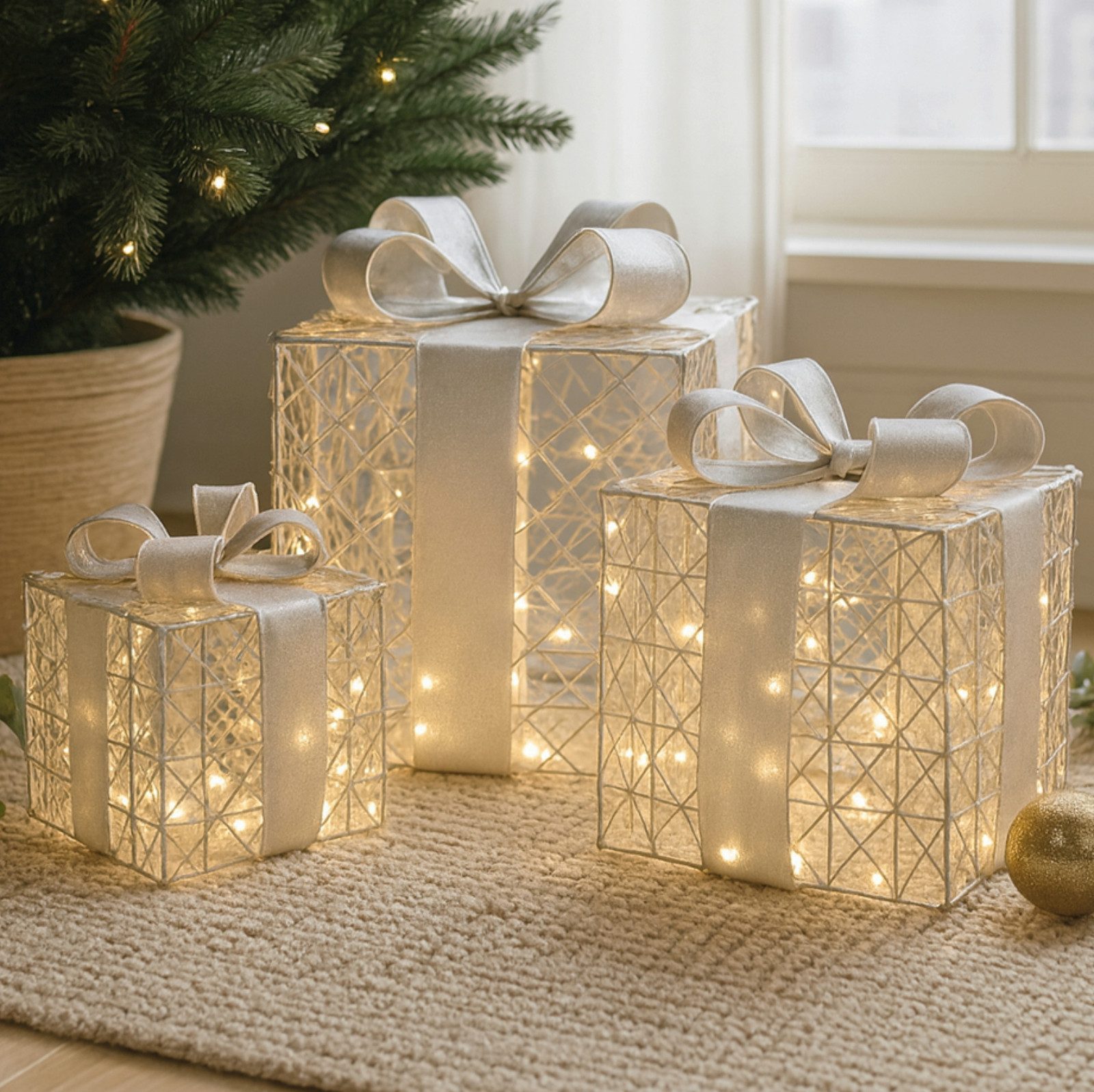 Koopman Dekoobjekt Weihnachtsgeschenke Weihnachtsdeko 90 LED´s Silber 3er Set (3 St), 3 Größen, 20x20x24cm, 25x25x30cm, 15x15x17,5cm, Batteriebetrieb