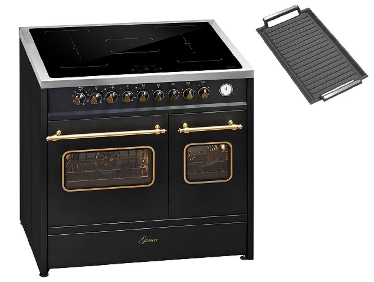 GURARI Induktions-Standherd Retro Elektro Standherd 90 cm, Range Coocker mit FLEX Induktion E 913 DF RU BL+Grillplatte., mit 1-fach-Teleskopauszug