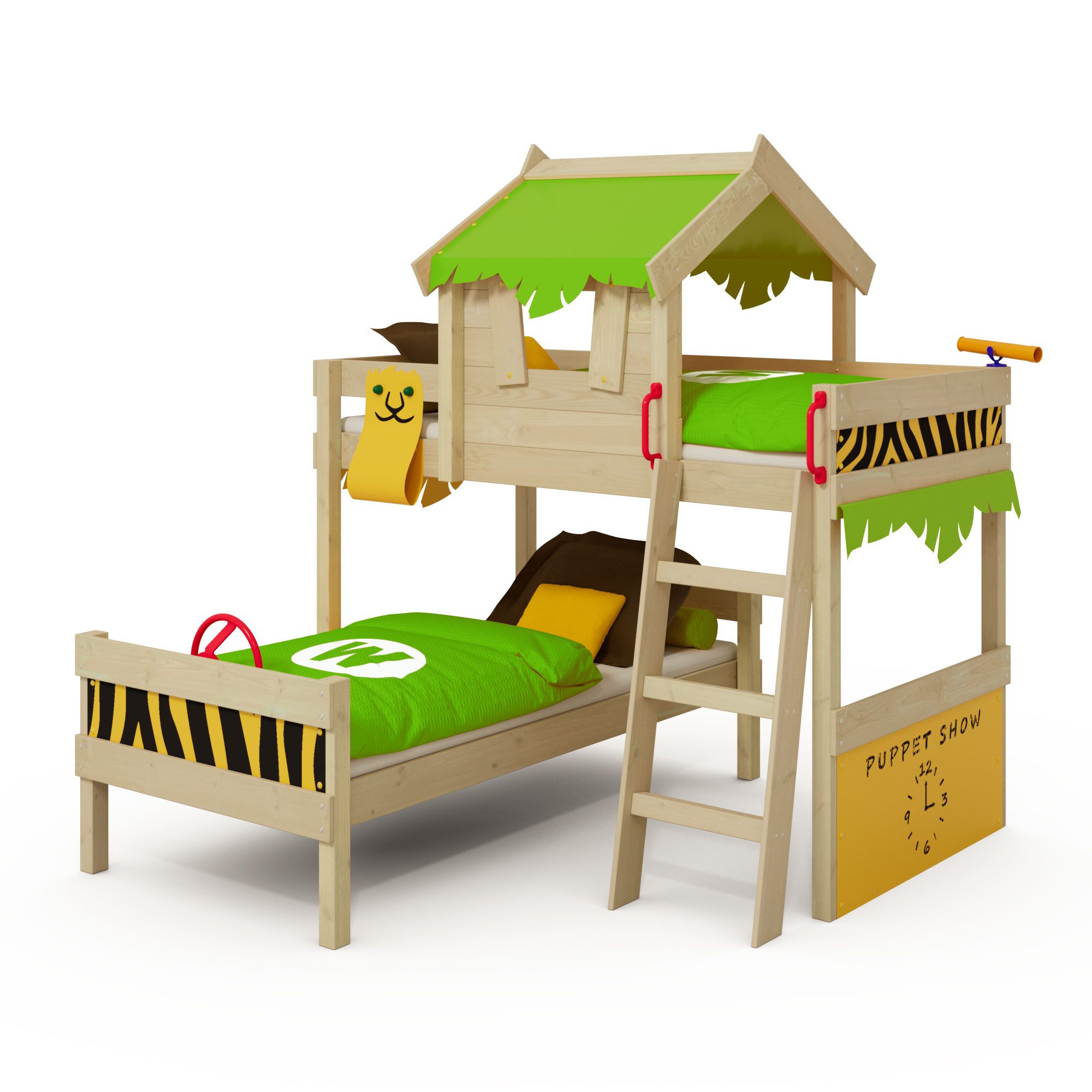 Wickey Kinderbett Crazy Jungle, Spielbett, 90 x 200 cm Hochbett (Holzpaket aus Pfosten und Brettern, Spielbett für Kinder), Massivholzbrett