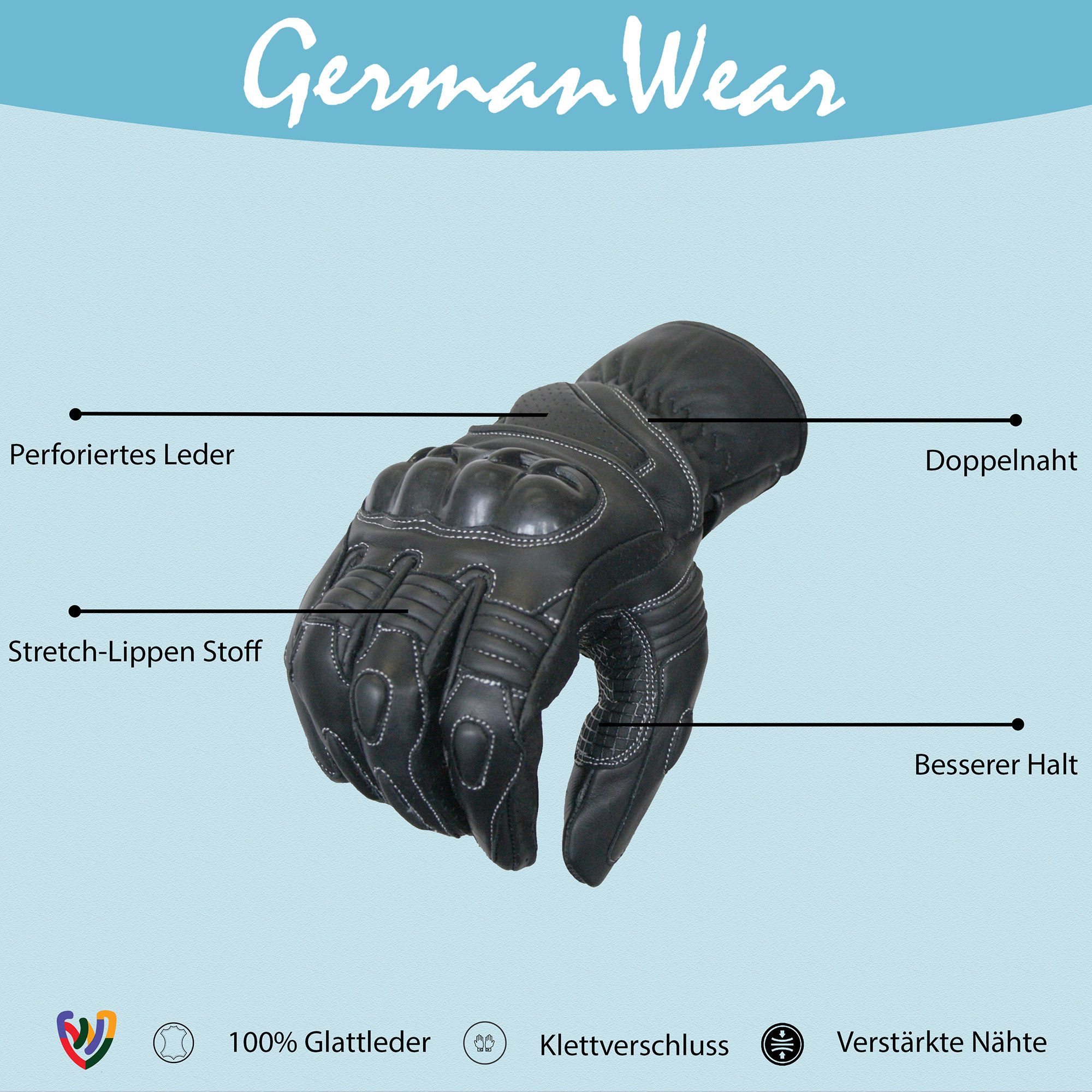 German Wear Motorradhandschuhe GW400G-M7 Motorradhandschuhe Lederhandschuhe Schwarz