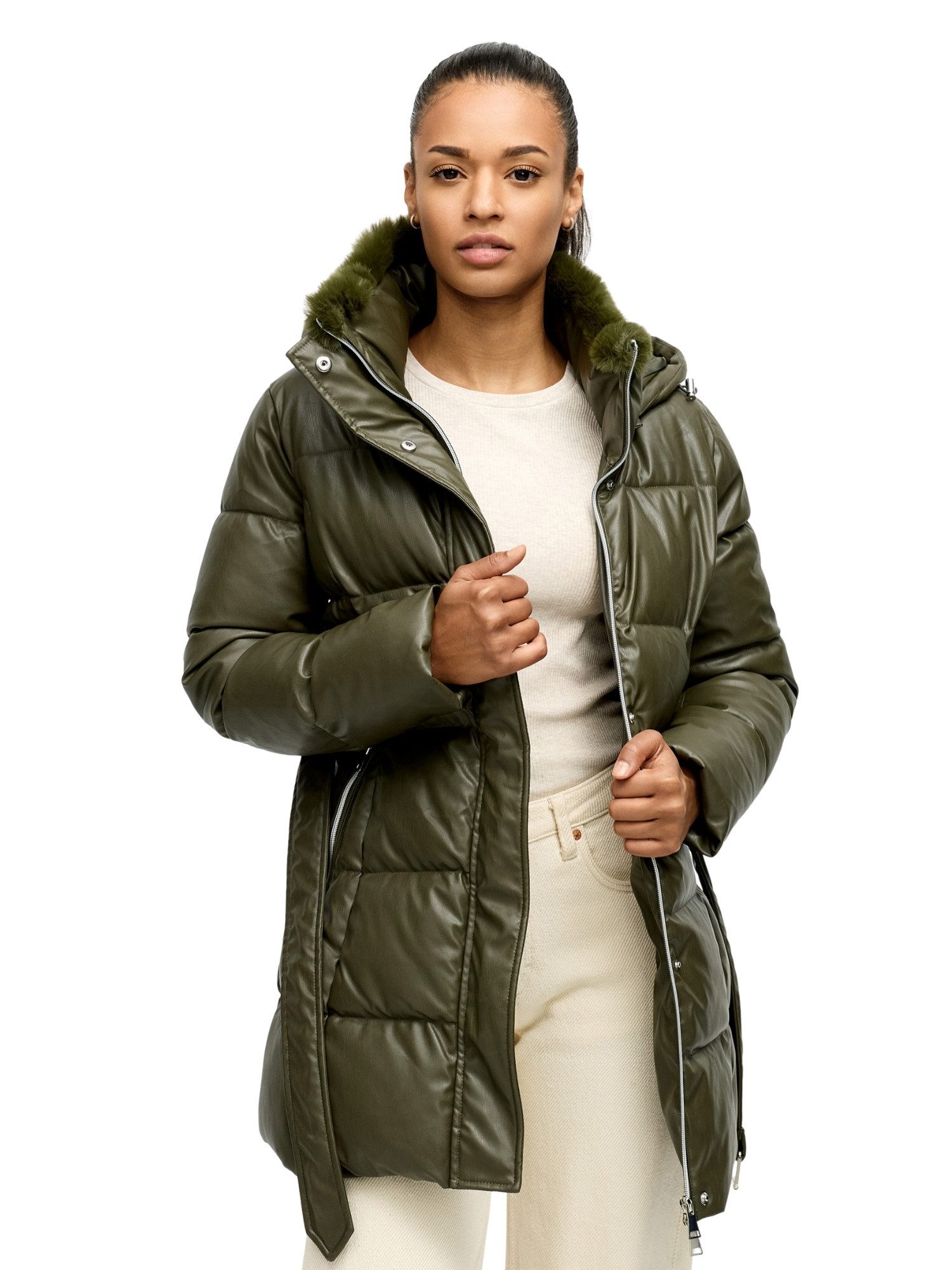 Tazzio Steppmantel F802 mit Kapuze, Lederoptik-Steppmantel mit Taillengürte günstig online kaufen