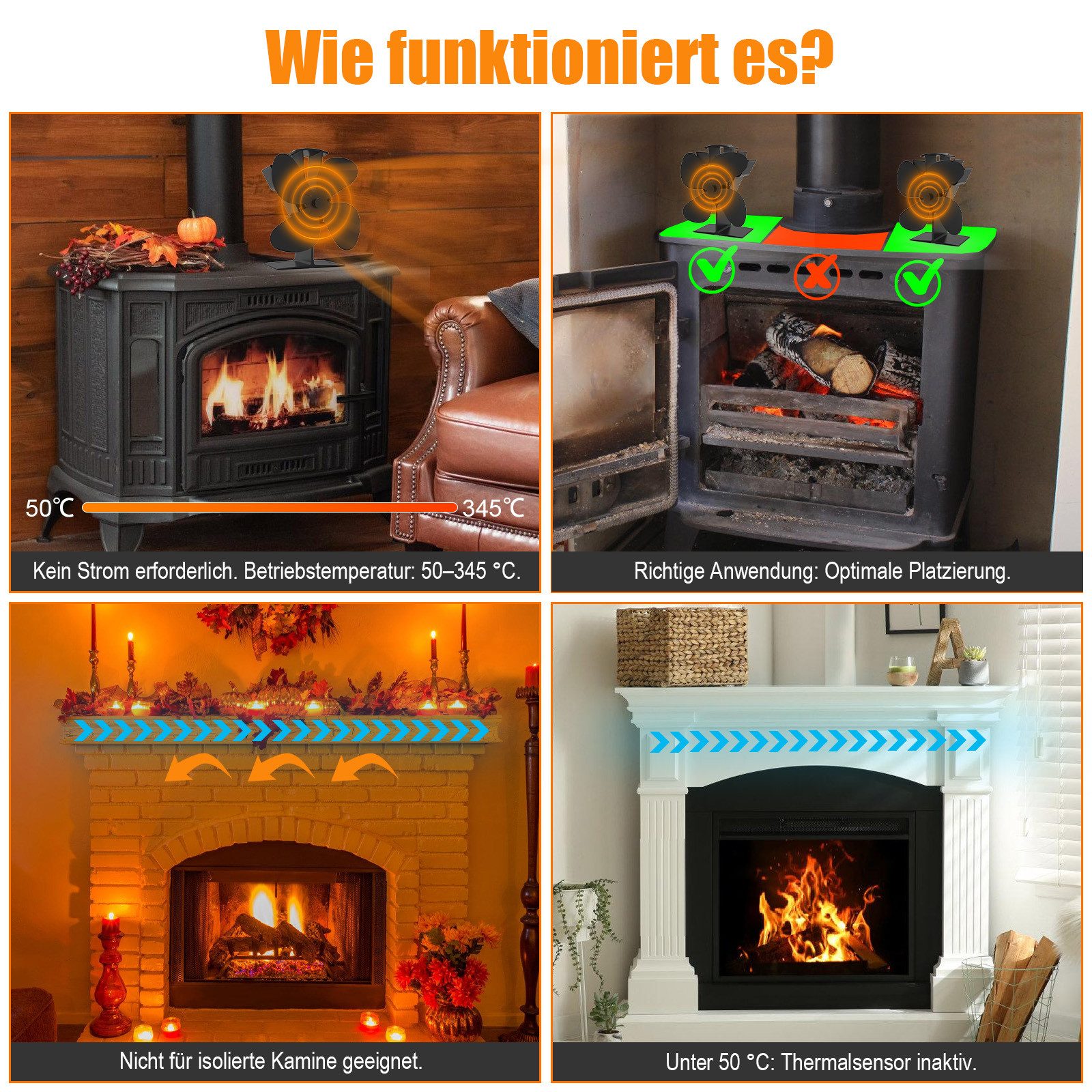 SunJas Kaminventilator 4 Flügel Ofenventilator Ohne Strom, Wärmebetriebener, Leiser 2er-Set, 10,2T x 18,1B x 18,7H cm,für Pellet/Holzbrenner/Kamin – Bild 3 von 5