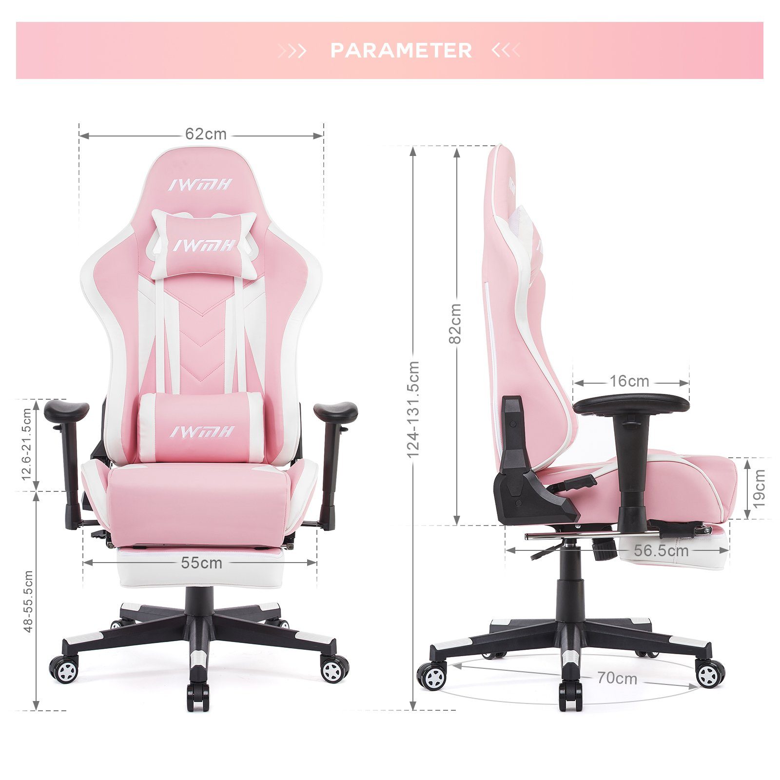 Intimate Gaming-Stuhl WM Bürostuhl rosa mit Fußstütze Ergonomischer Heart Versenkbarer