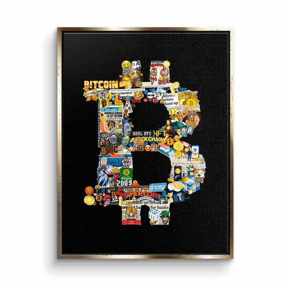 DOTCOMCANVAS® Leinwandbild, Leinwandbild Bitcoin Pop Art crypto schwarz Geld collage DOTCOMCANVAS goldener Rahmen
