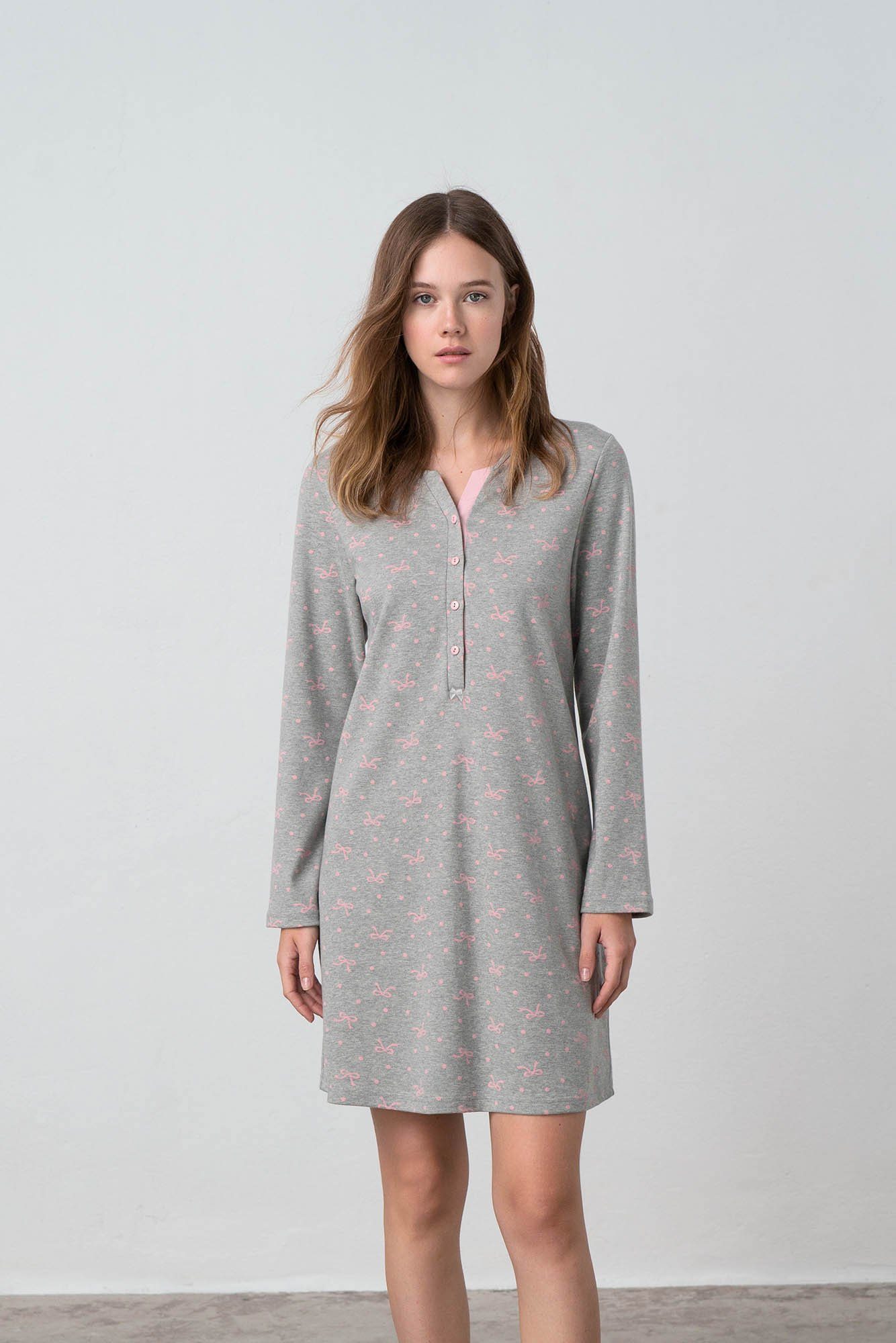 Vamp Nachthemd (Set, 1-tlg., 1-teilig) Damen Sleepshirt 90cm lang geknöpft Baumwolle Langarm