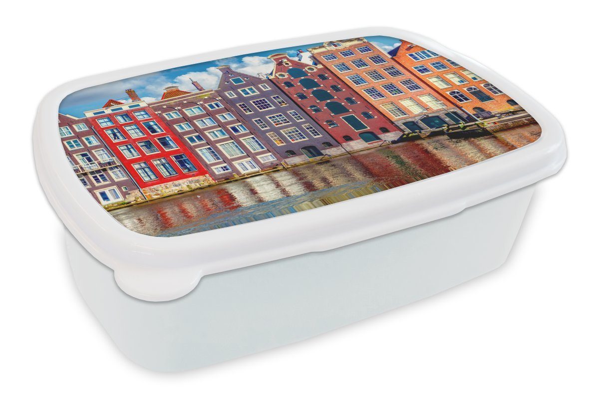 MuchoWow Lunchbox Grachtenhäuser - Wasser - Amsterdam, Kunststoff, (2-tlg), Brotbox für Kinder und Erwachsene, Brotdose, für Jungs und Mädchen weiß