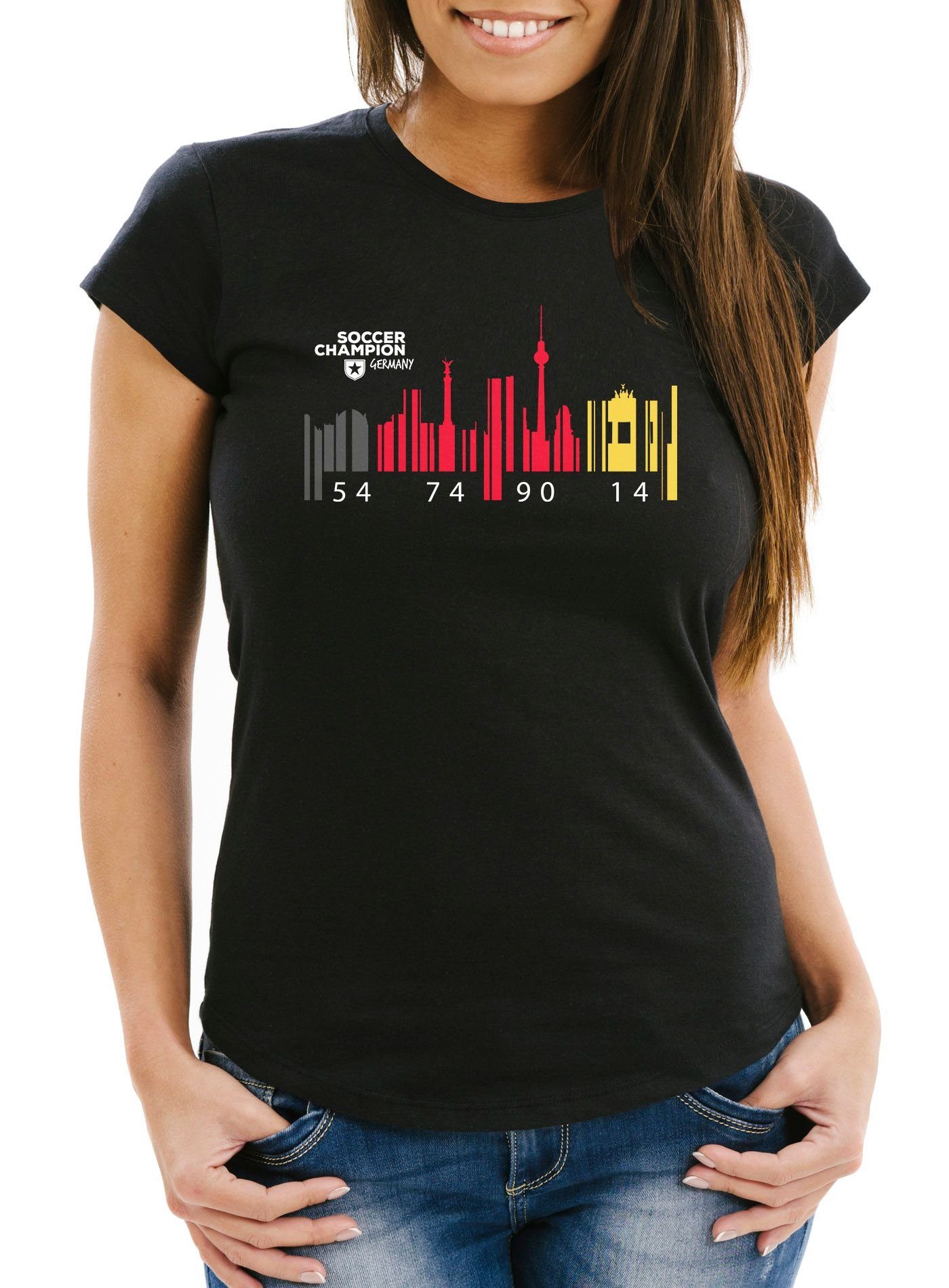 MoonWorks Print-Shirt Damen T-Shirt Deutschland WM Flagge Barcode Skyline Berlin Fan Shirt Moonworks® mit Print