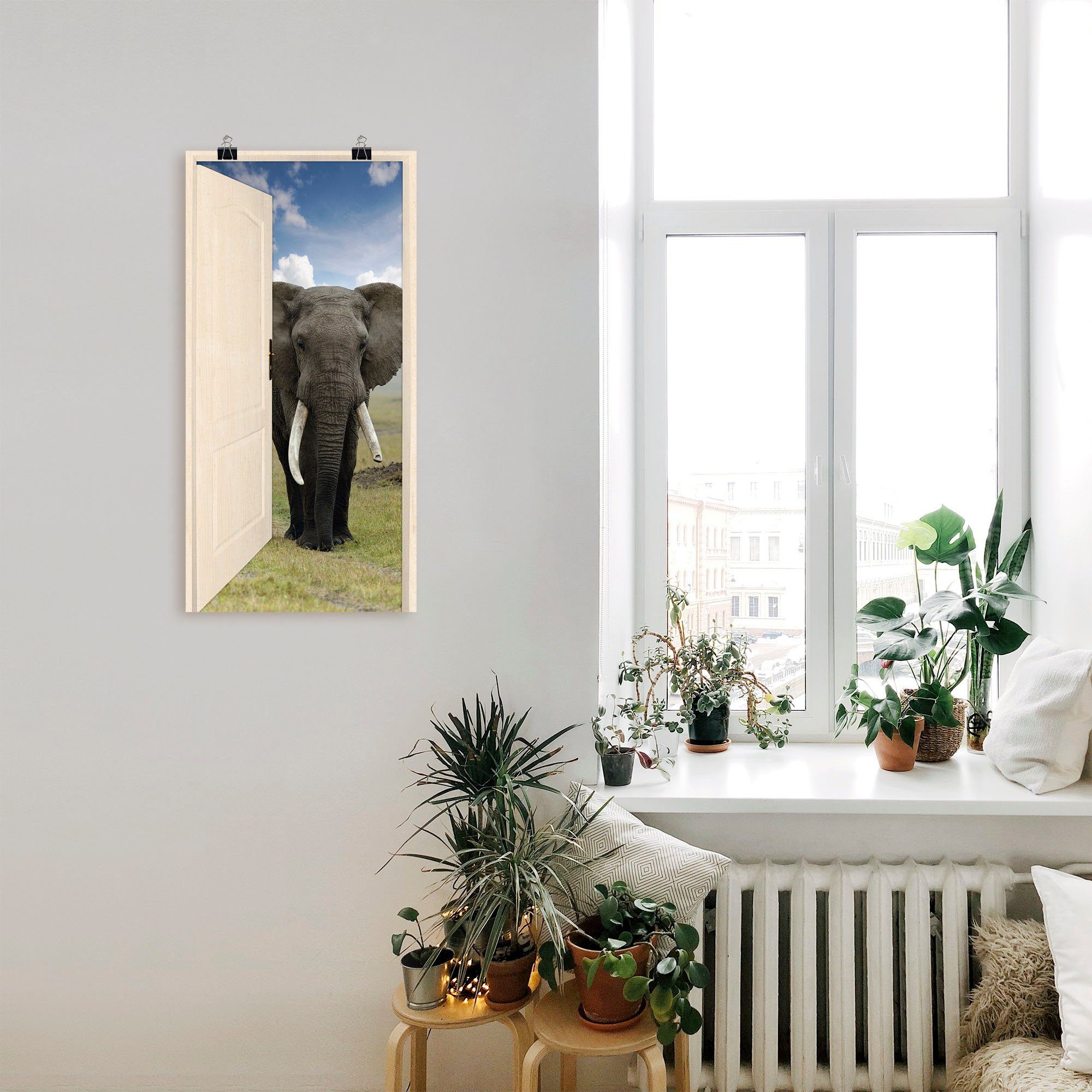 Artland Alubild, Wildtiere mit in (1 Größen als Türe Blick Elefant, Poster Wandaufkleber versch. Offene auf oder Leinwandbild, St), weiße Wandbild